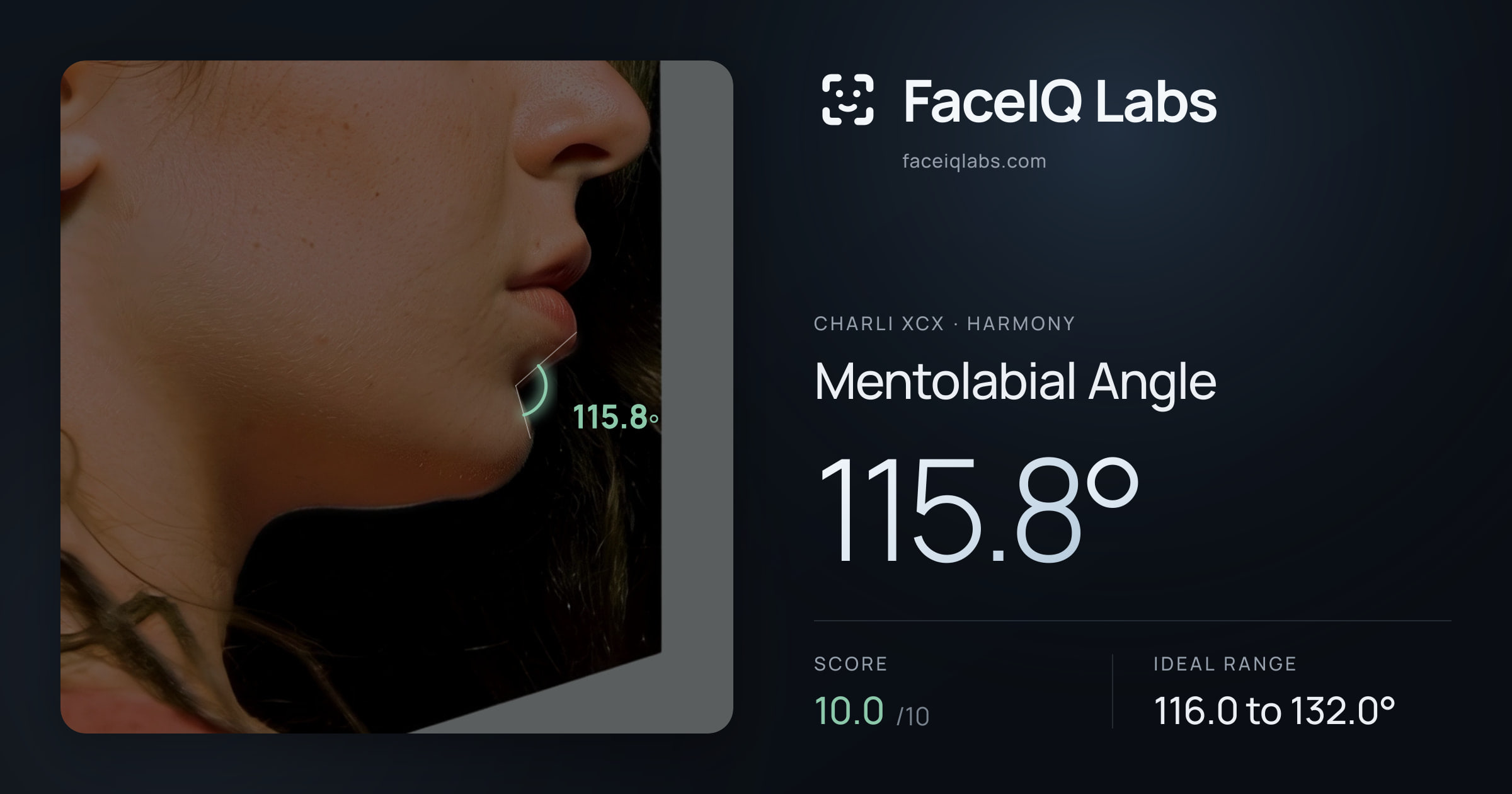 Charli XCX Mentolabial Angle: 115.8°, drawn on the photo