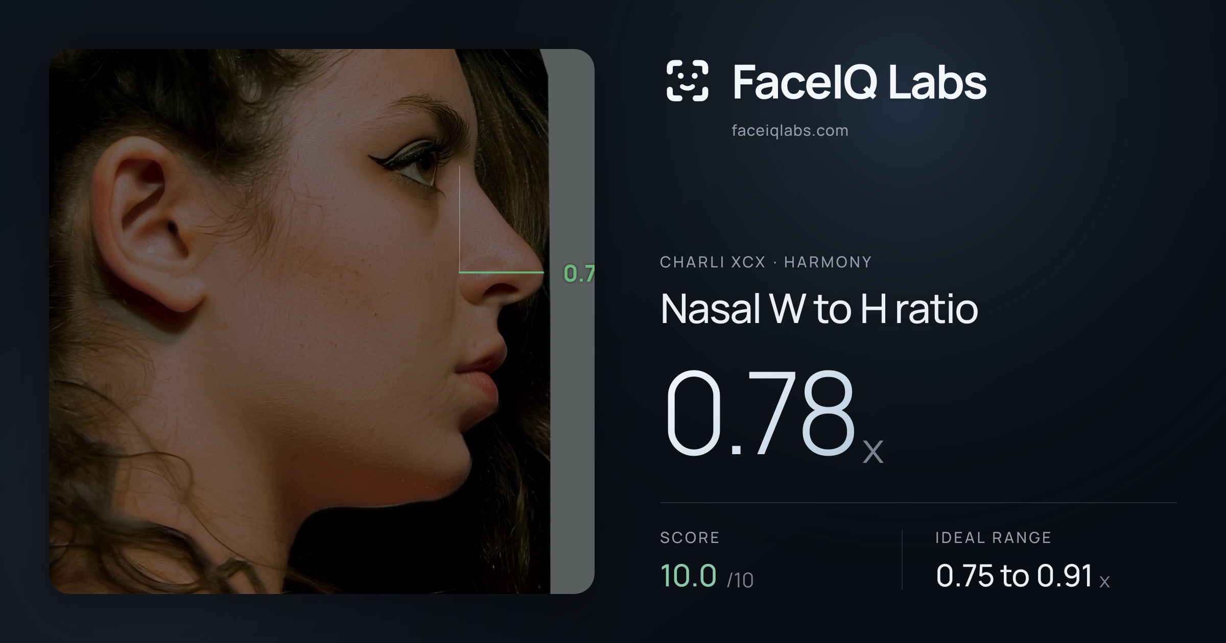 Charli XCX Nasal W to H ratio: 0.78x, drawn on the photo