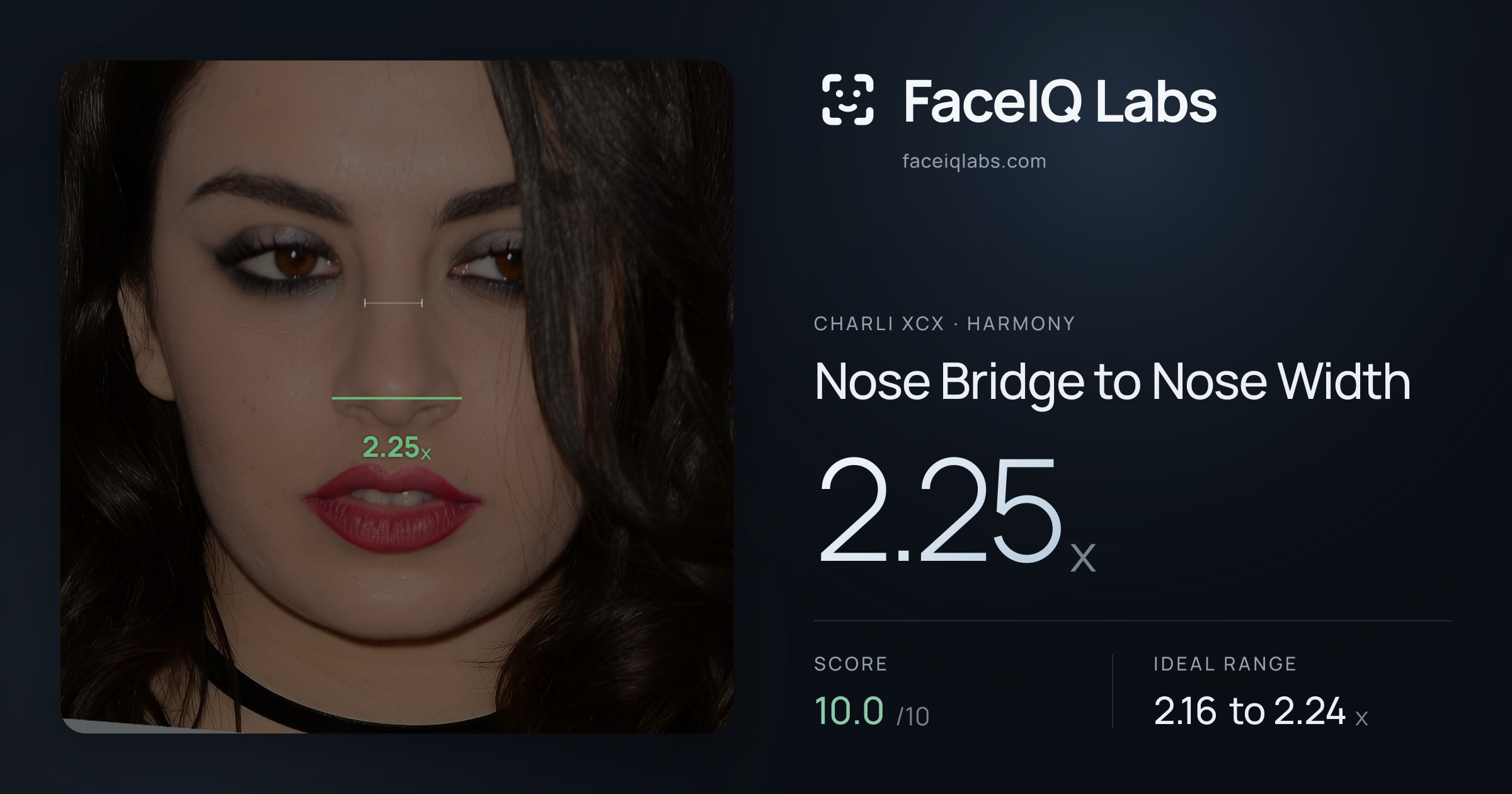 Charli XCX Nose Bridge to Nose Width: 2.25x, drawn on the photo