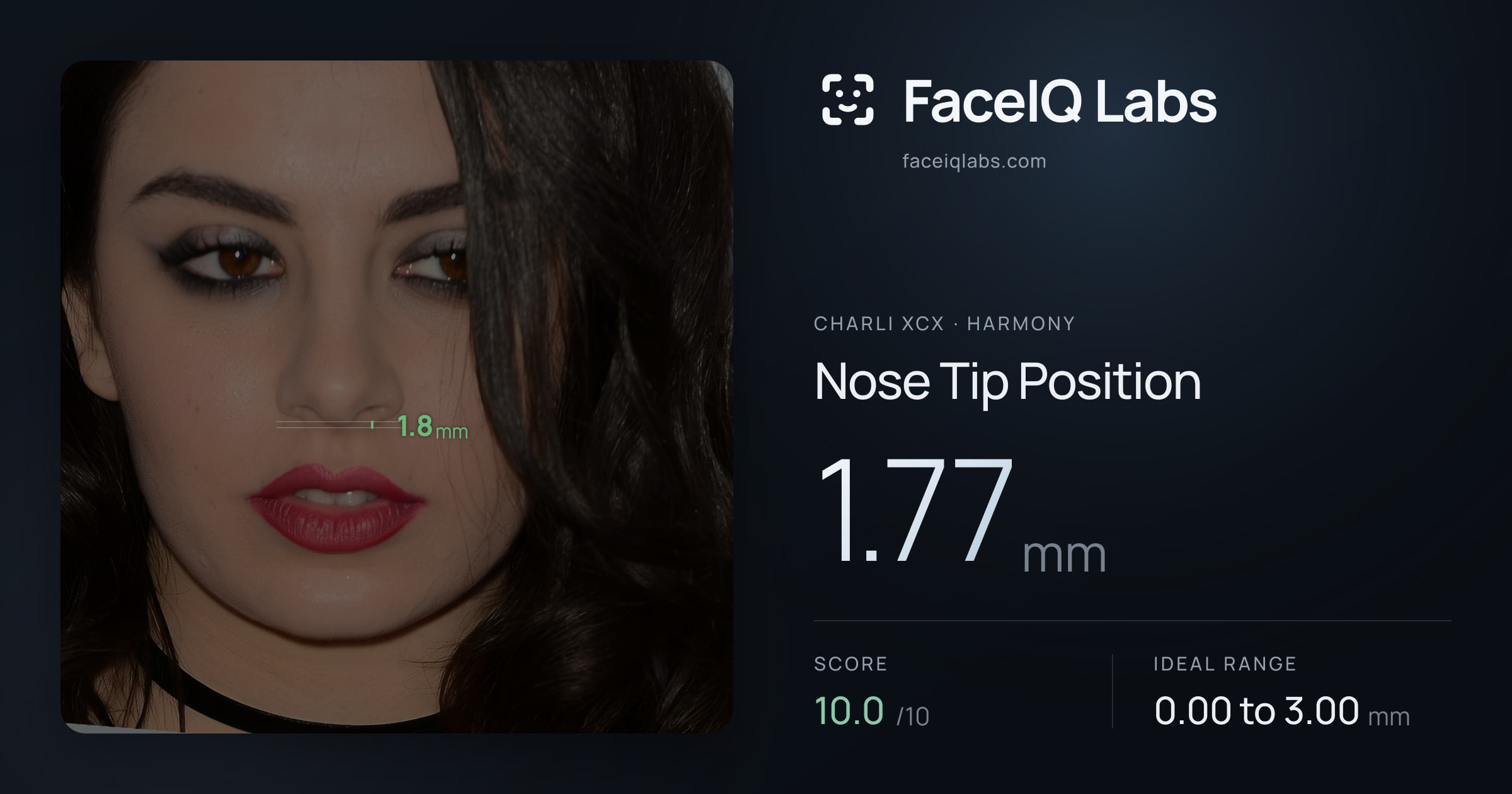 Charli XCX Nose Tip Position: 1.77mm, drawn on the photo