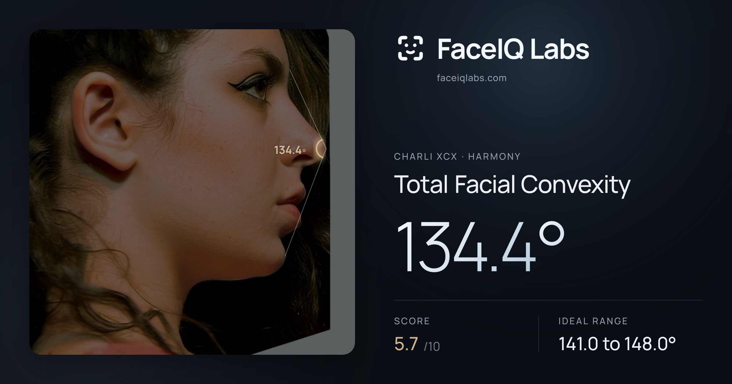 Charli XCX Total Facial Convexity: 134.4°, drawn on the photo