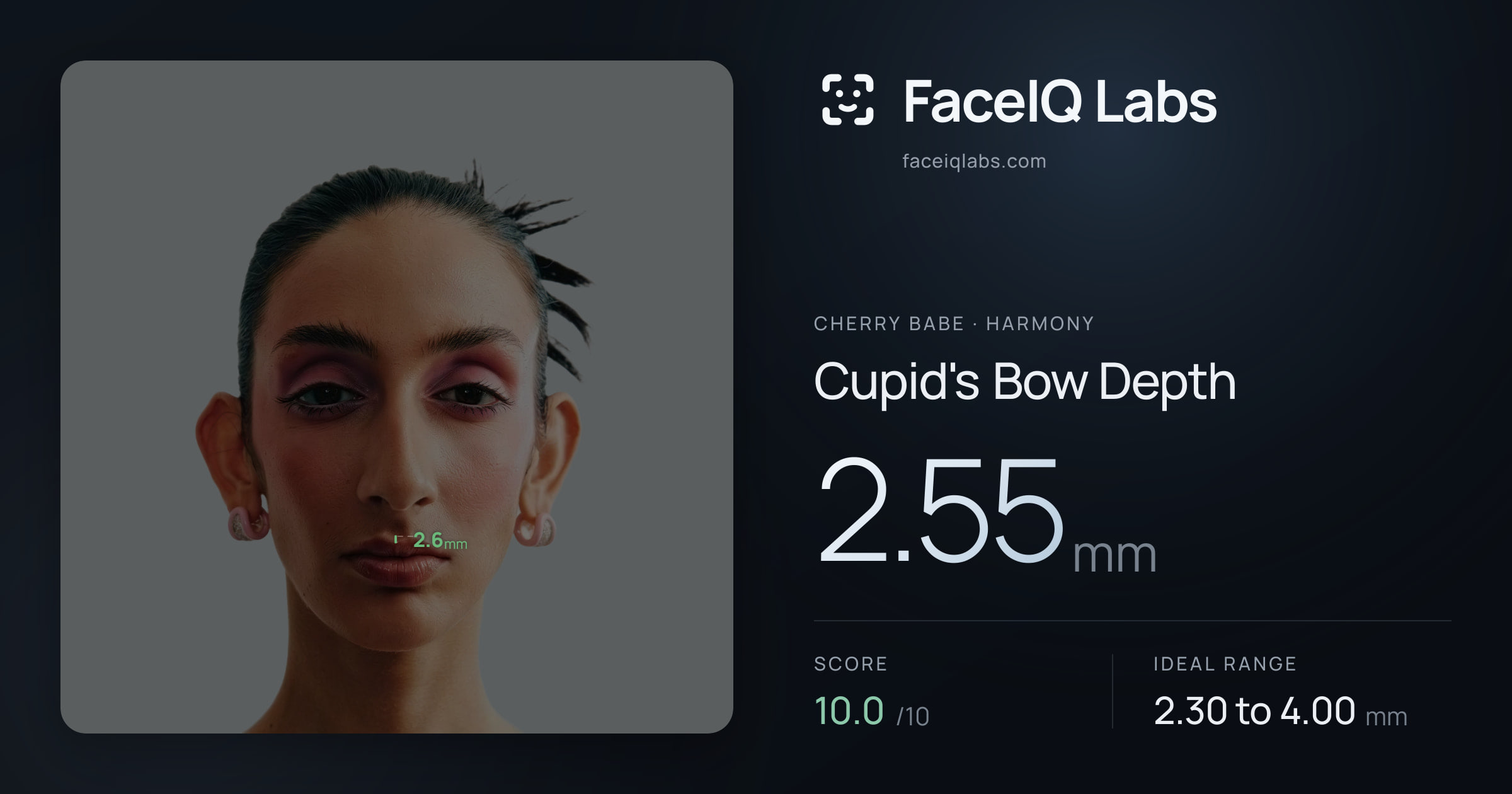 Cherry Babe Cupid's Bow Depth: 2.55mm, drawn on the photo