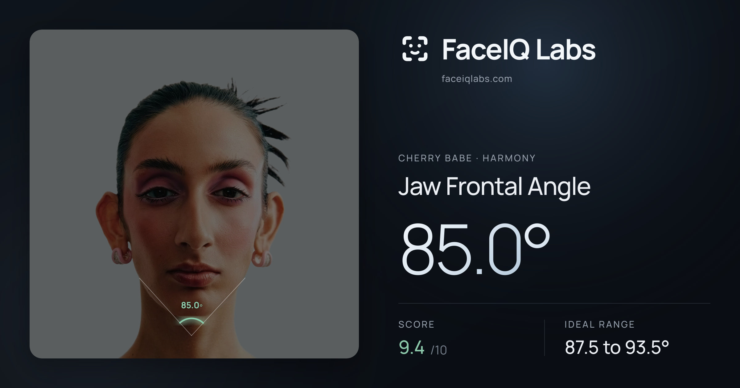 Cherry Babe Jaw Frontal Angle: 85.0°, drawn on the photo