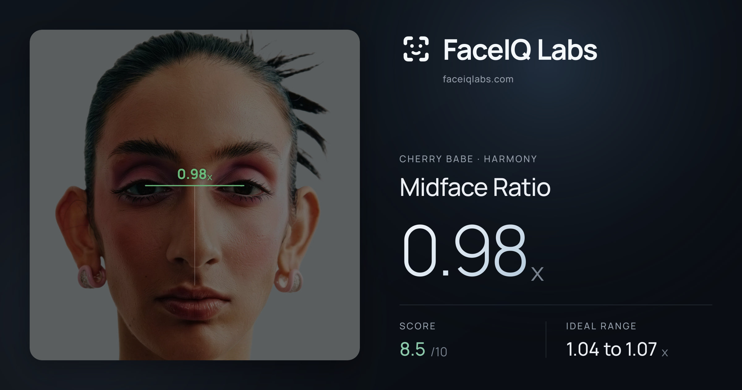 Cherry Babe Midface Ratio: 0.98x, drawn on the photo