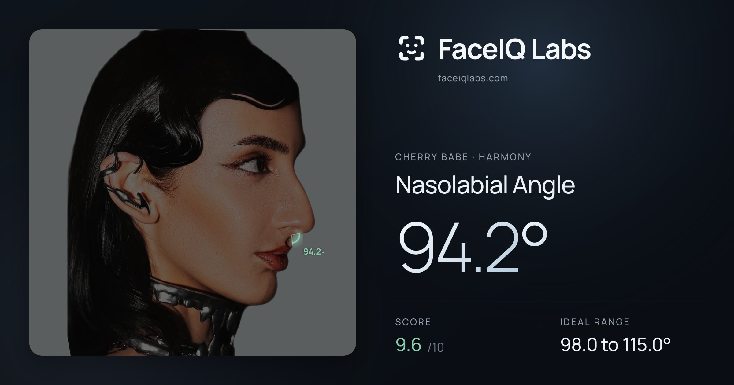 Cherry Babe Nasolabial Angle: 94.2°, drawn on the photo
