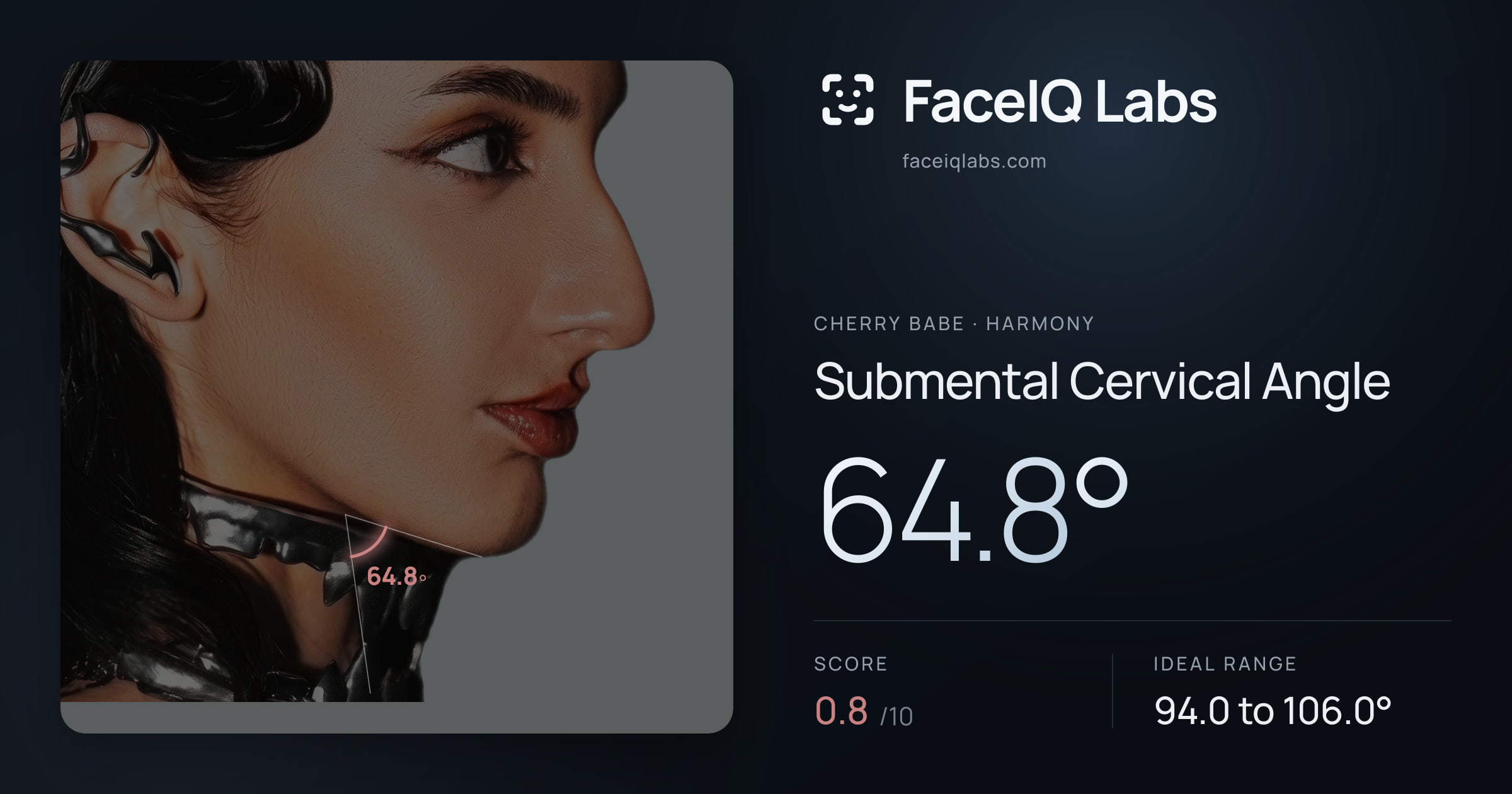 Cherry Babe Submental Cervical Angle: 64.8°, drawn on the photo