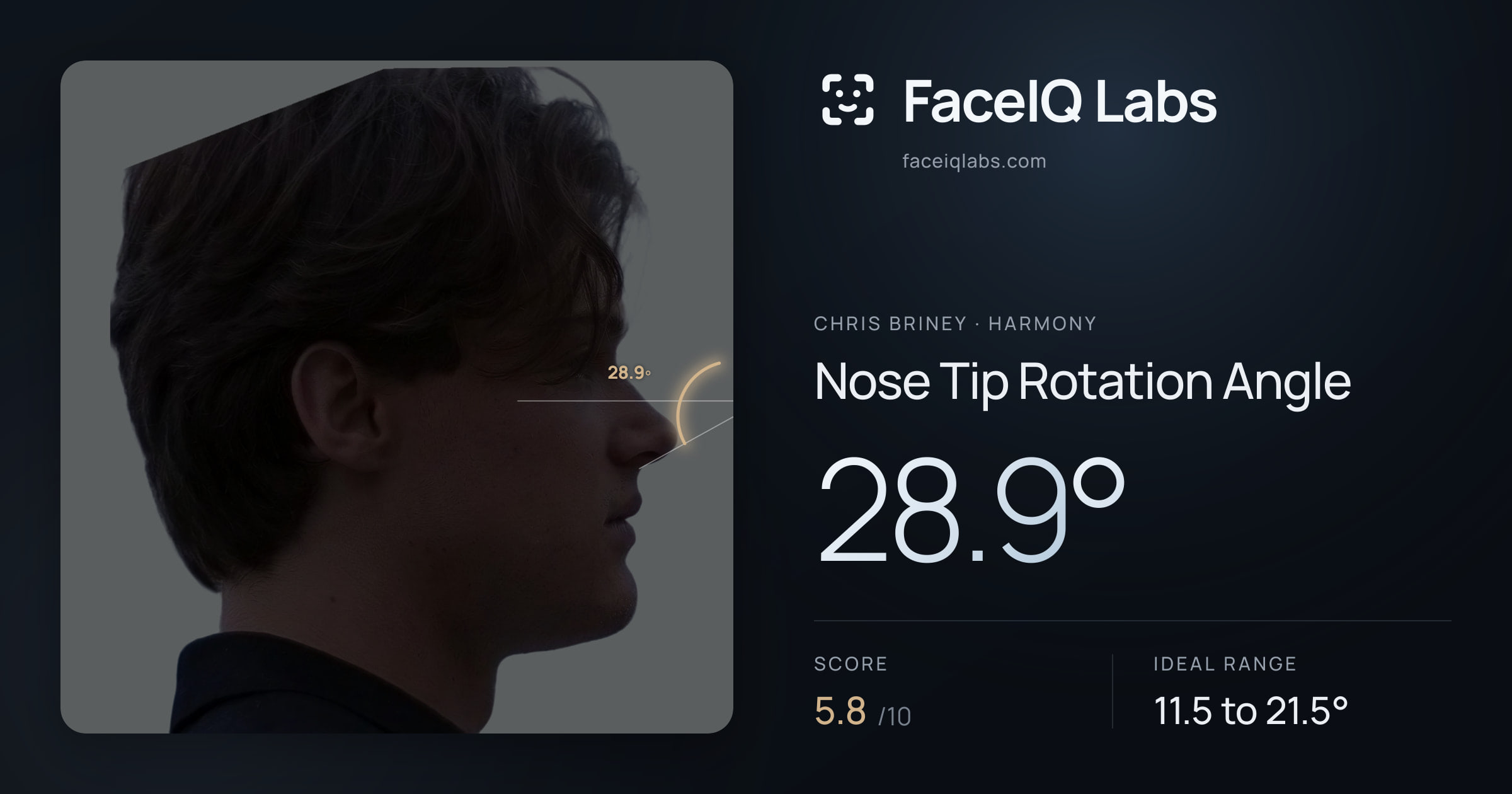 Chris Briney Nose Tip Rotation Angle: 28.9°, drawn on the photo