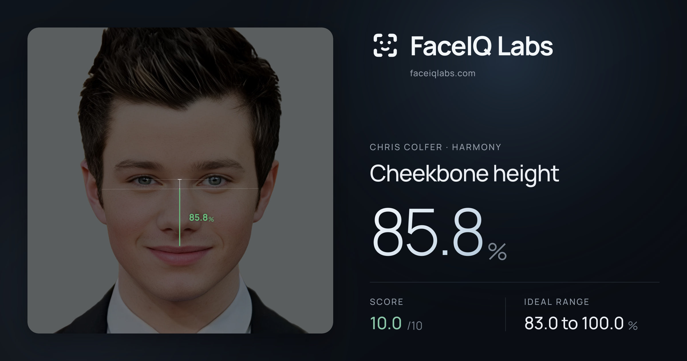 Chris Colfer Cheekbone height: 85.8%, drawn on the photo