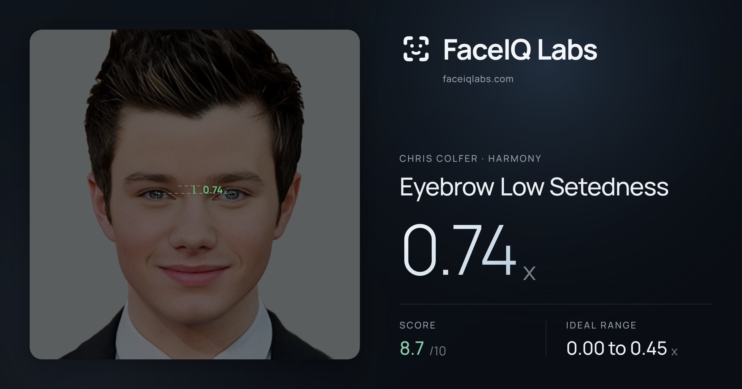 Chris Colfer Eyebrow Low Setedness: 0.74x, drawn on the photo