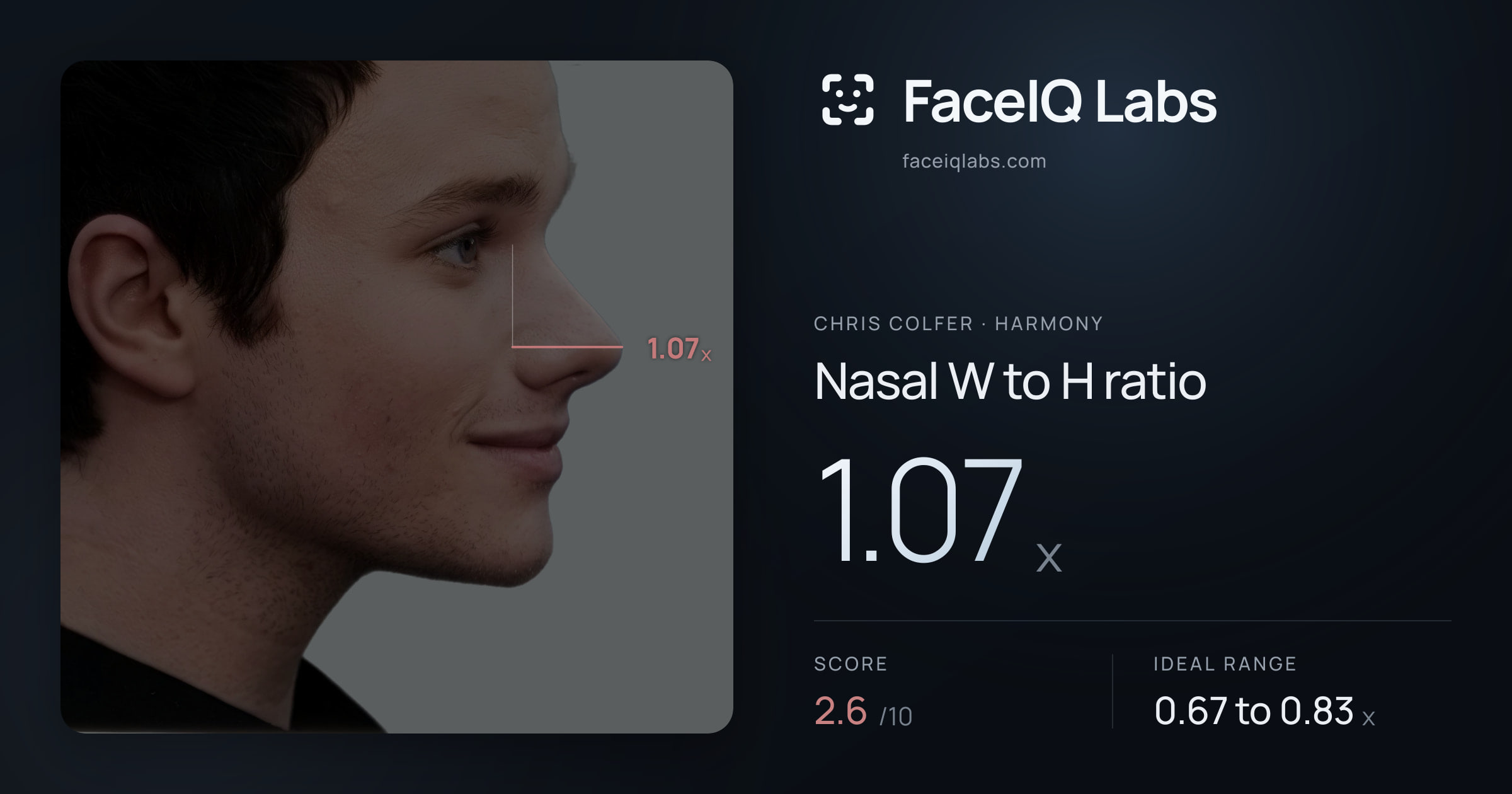 Chris Colfer Nasal W to H ratio: 1.07x, drawn on the photo
