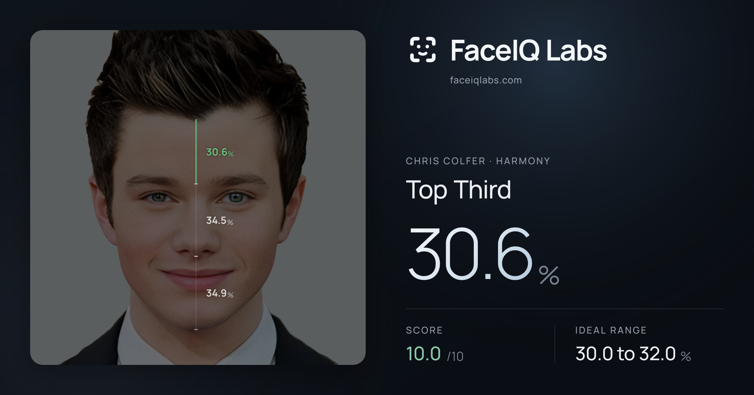 Chris Colfer Top Third: 30.6%, drawn on the photo