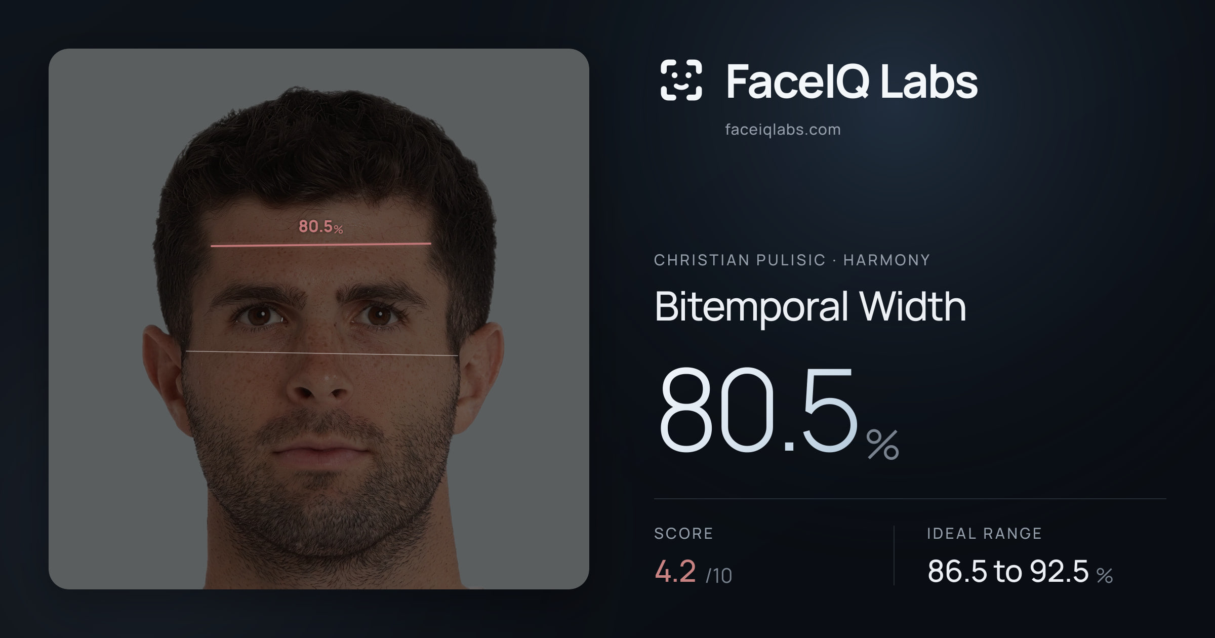 Christian Pulisic Bitemporal Width: 80.5%, drawn on the photo