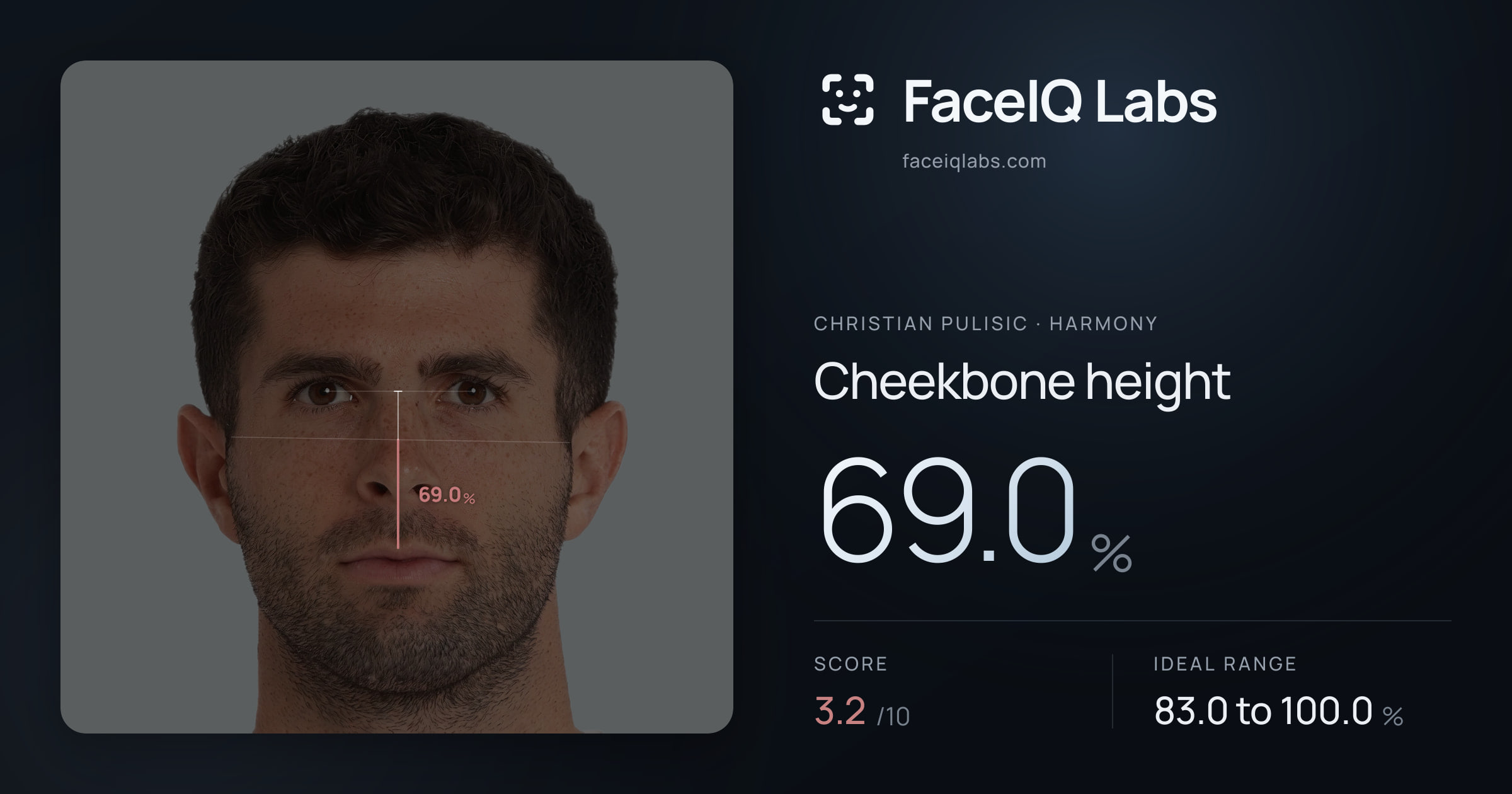 Christian Pulisic Cheekbone height: 69.0%, drawn on the photo