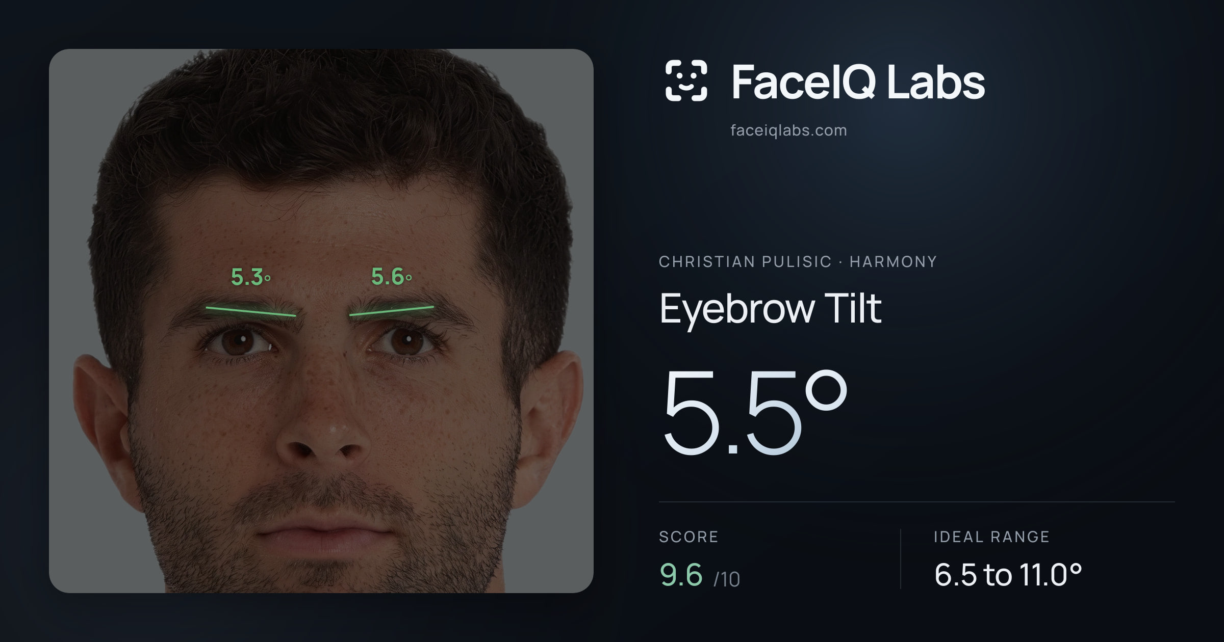 Christian Pulisic Eyebrow Tilt: 5.5°, drawn on the photo
