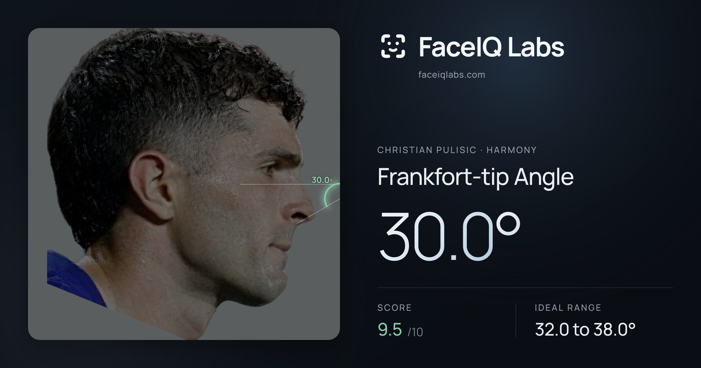 Christian Pulisic Frankfort-tip Angle: 30.0°, drawn on the photo