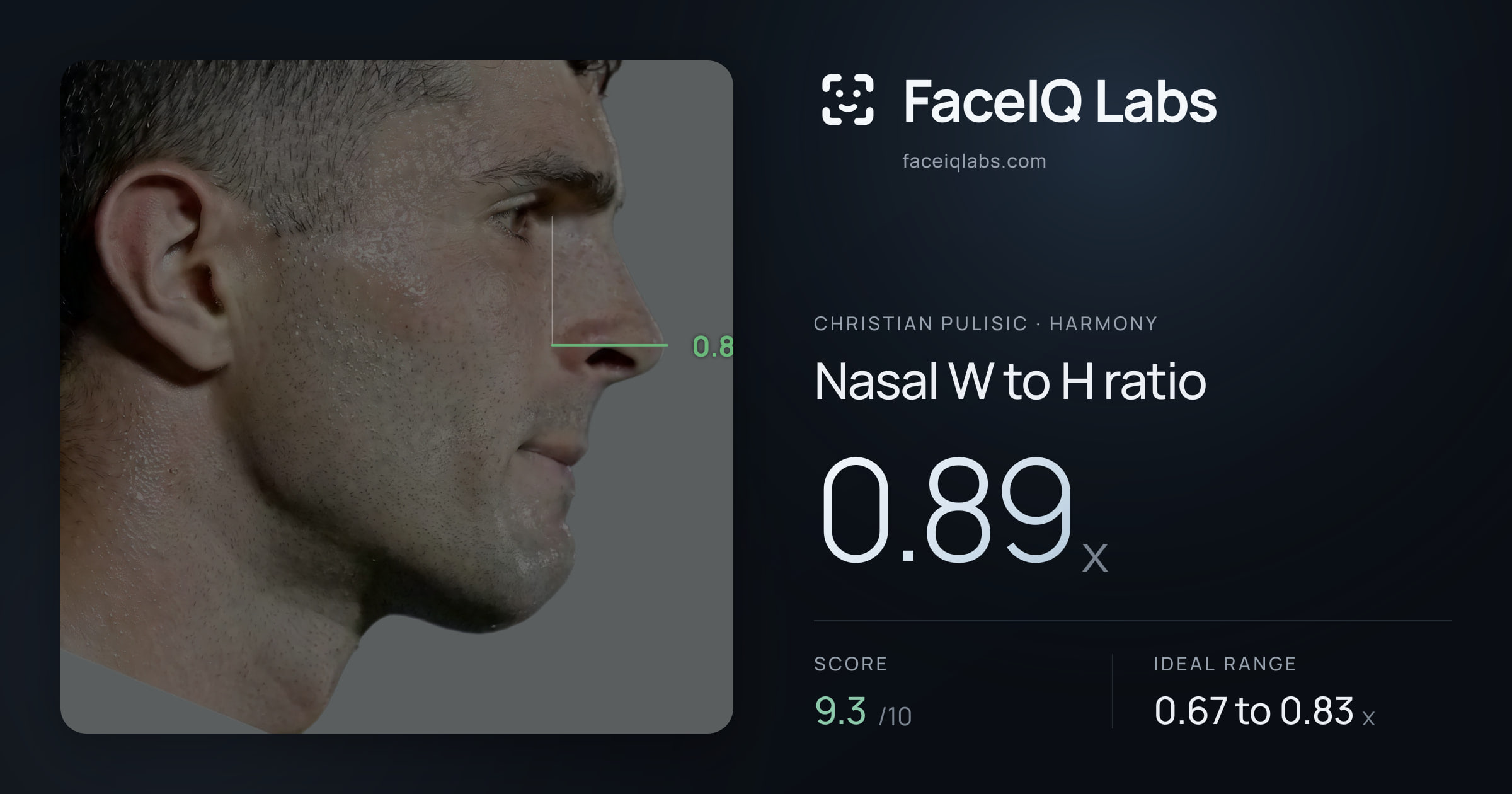 Christian Pulisic Nasal W to H ratio: 0.89x, drawn on the photo