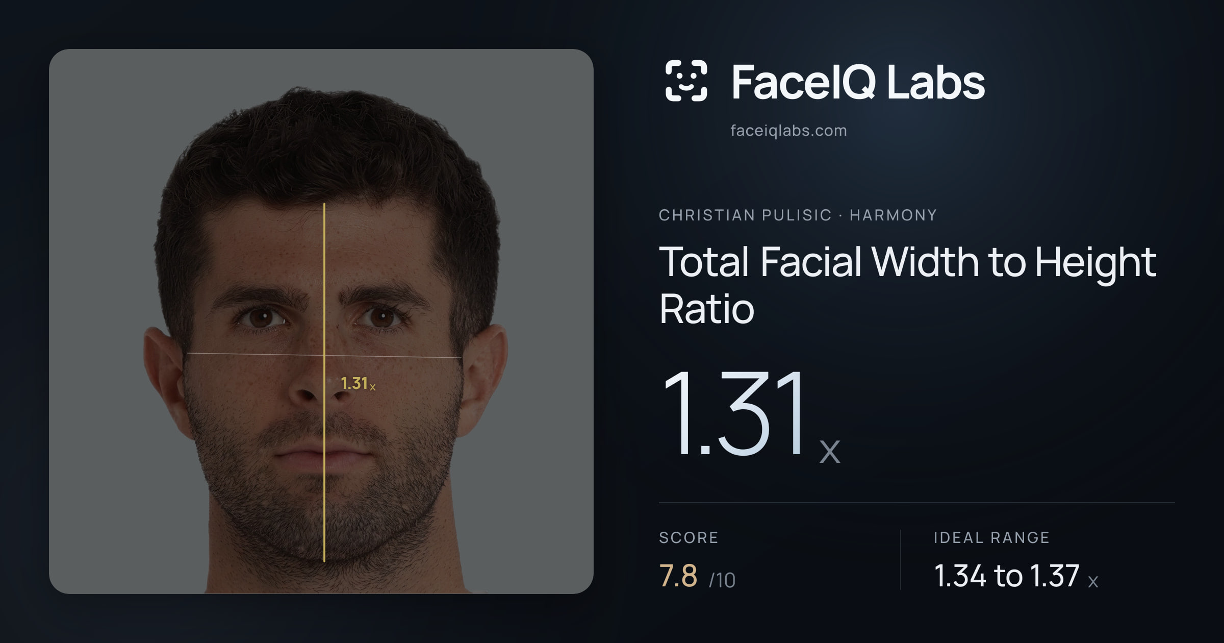 Christian Pulisic Total Facial Width to Height Ratio: 1.31x, drawn on the photo