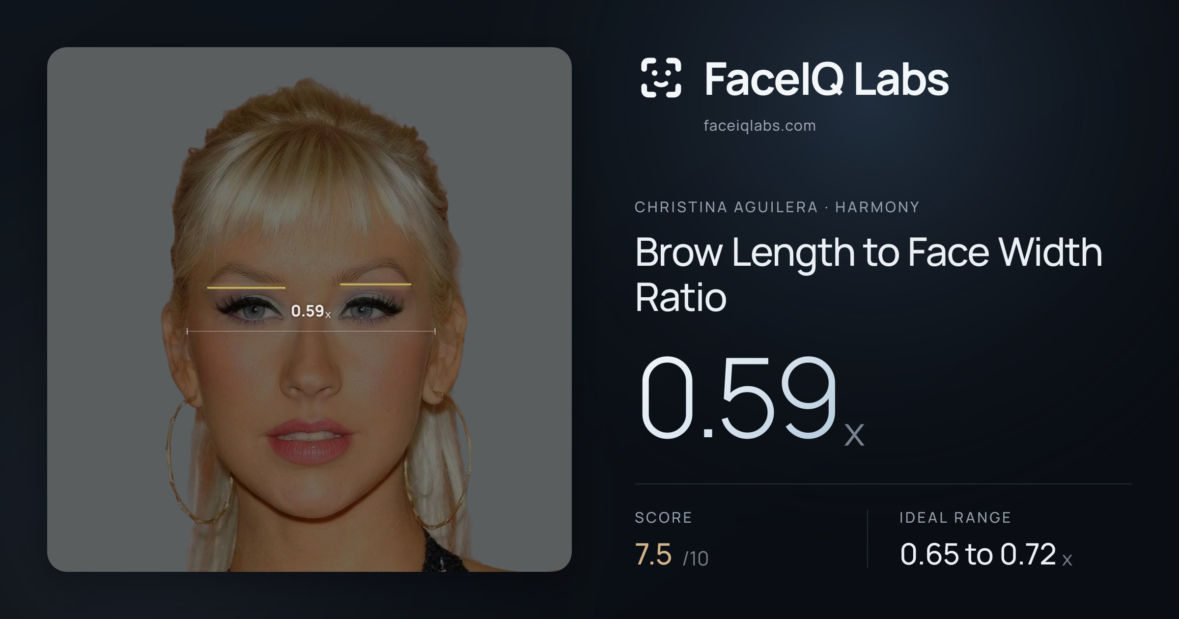 Christina Aguilera Brow Length to Face Width Ratio: 0.59x, drawn on the photo