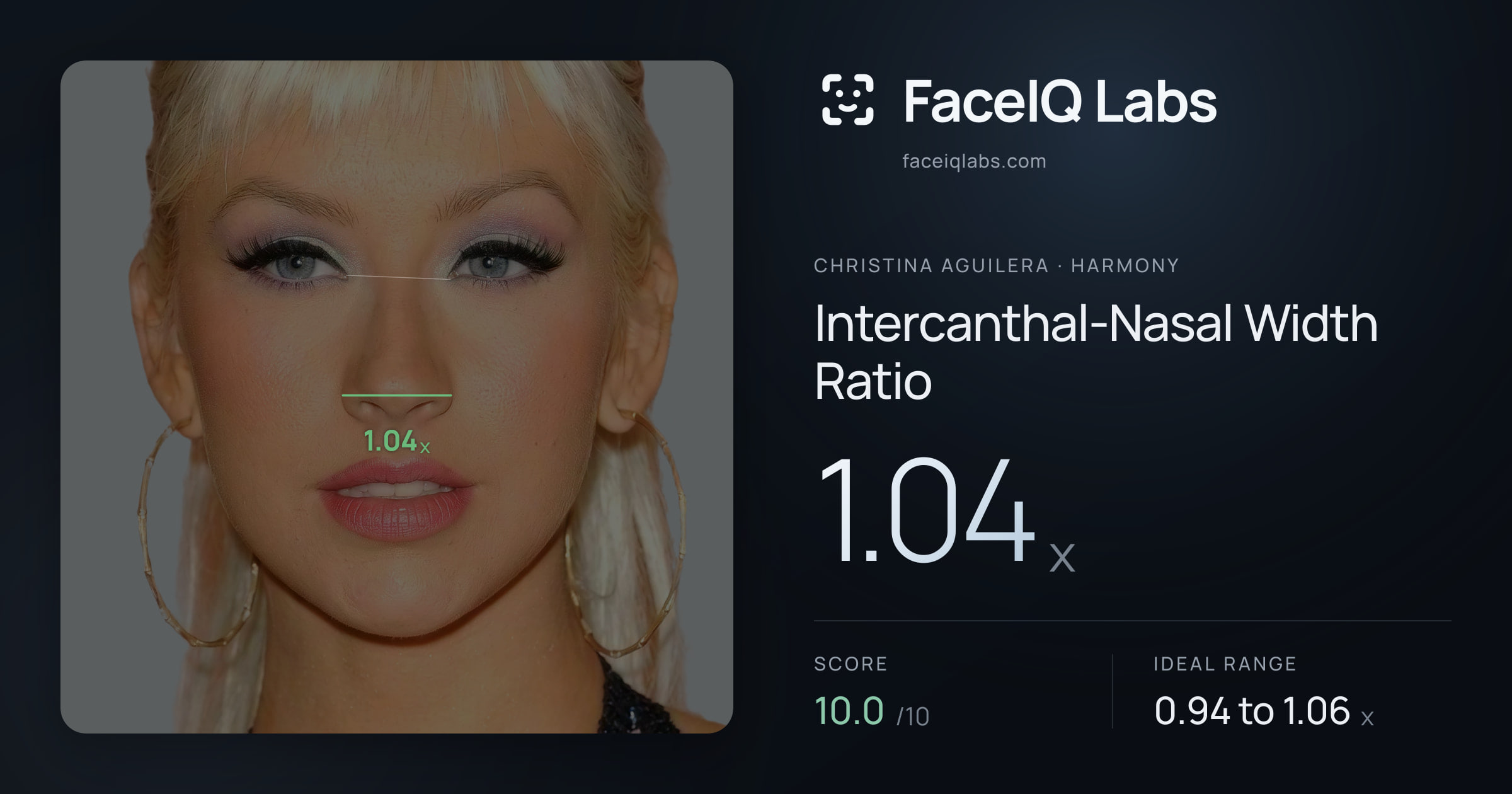Christina Aguilera Intercanthal-Nasal Width Ratio: 1.04x, drawn on the photo
