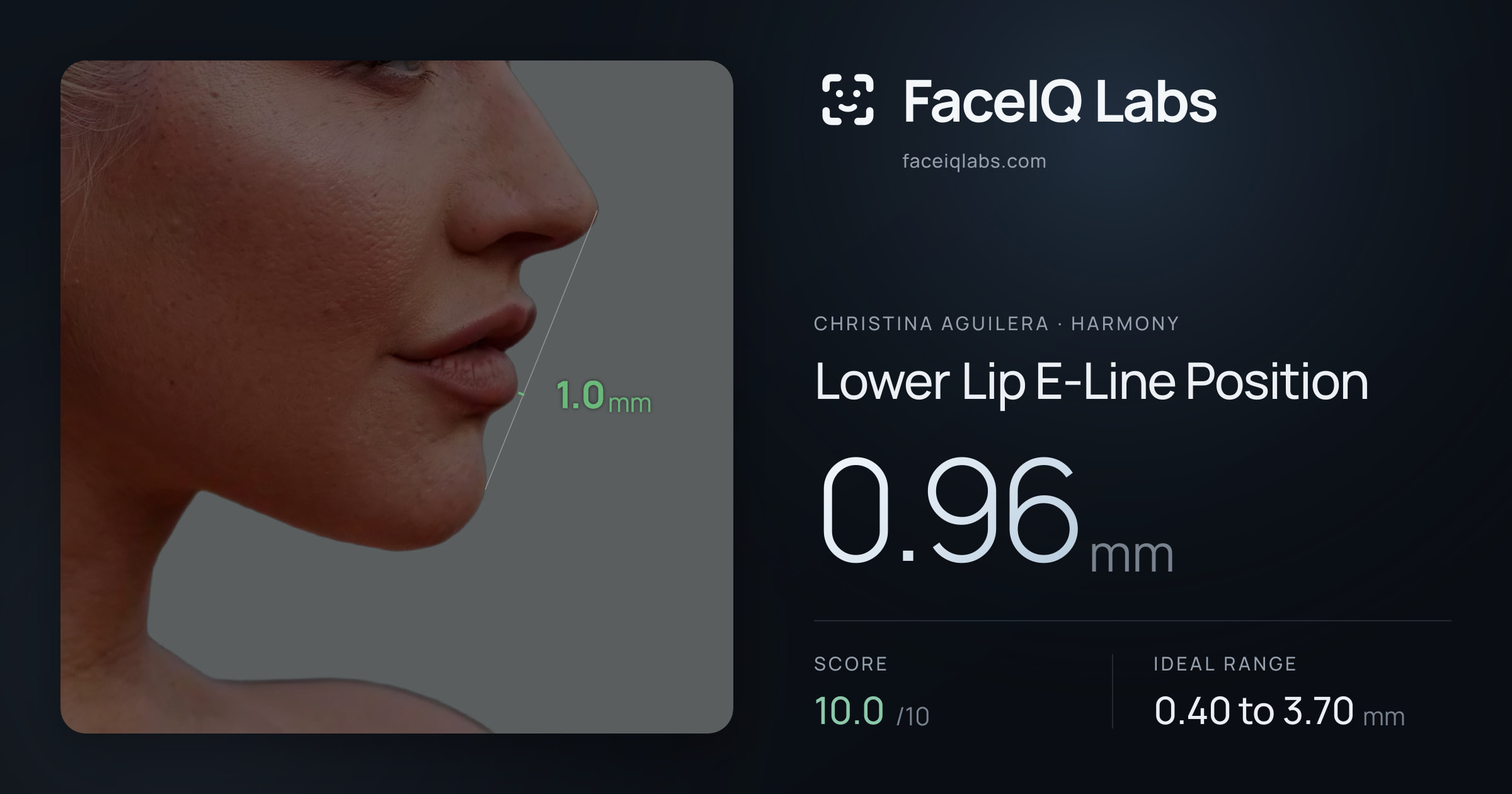 Christina Aguilera Lower Lip E-Line Position: 0.96mm, drawn on the photo