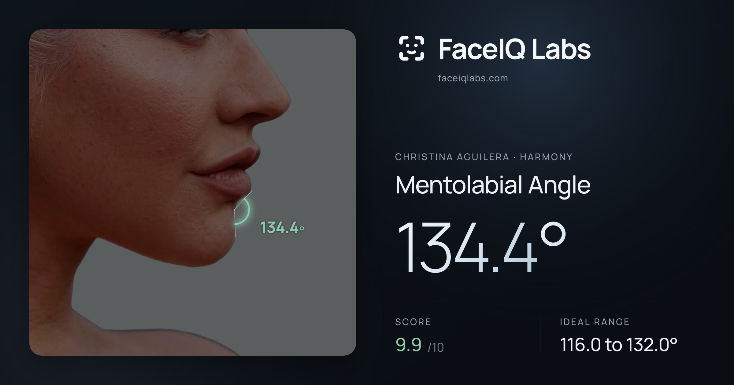 Christina Aguilera Mentolabial Angle: 134.4°, drawn on the photo