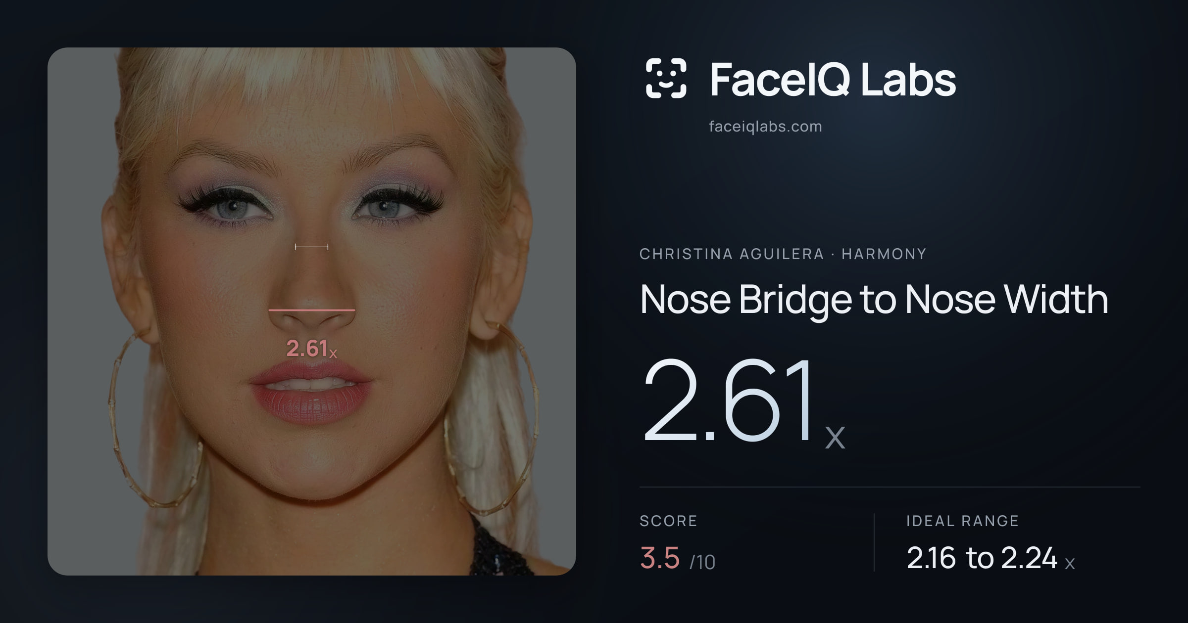 Christina Aguilera Nose Bridge to Nose Width: 2.61x, drawn on the photo