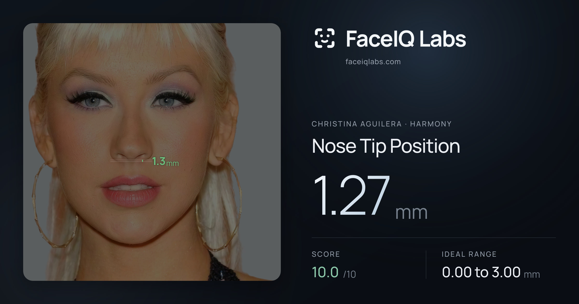 Christina Aguilera Nose Tip Position: 1.27mm, drawn on the photo