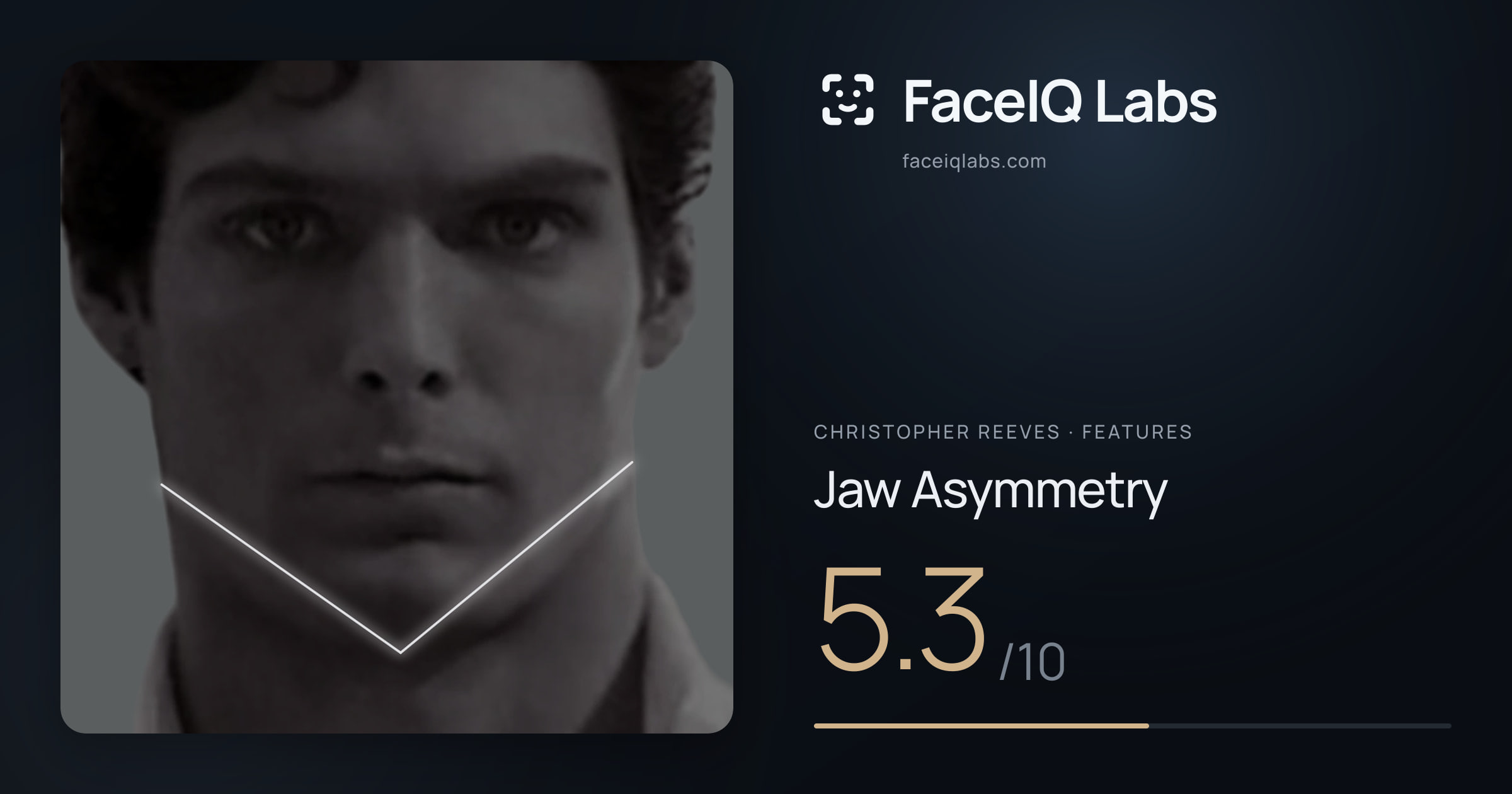 Christopher Reeves Jaw Asymmetry: 5.3/10, drawn on the photo