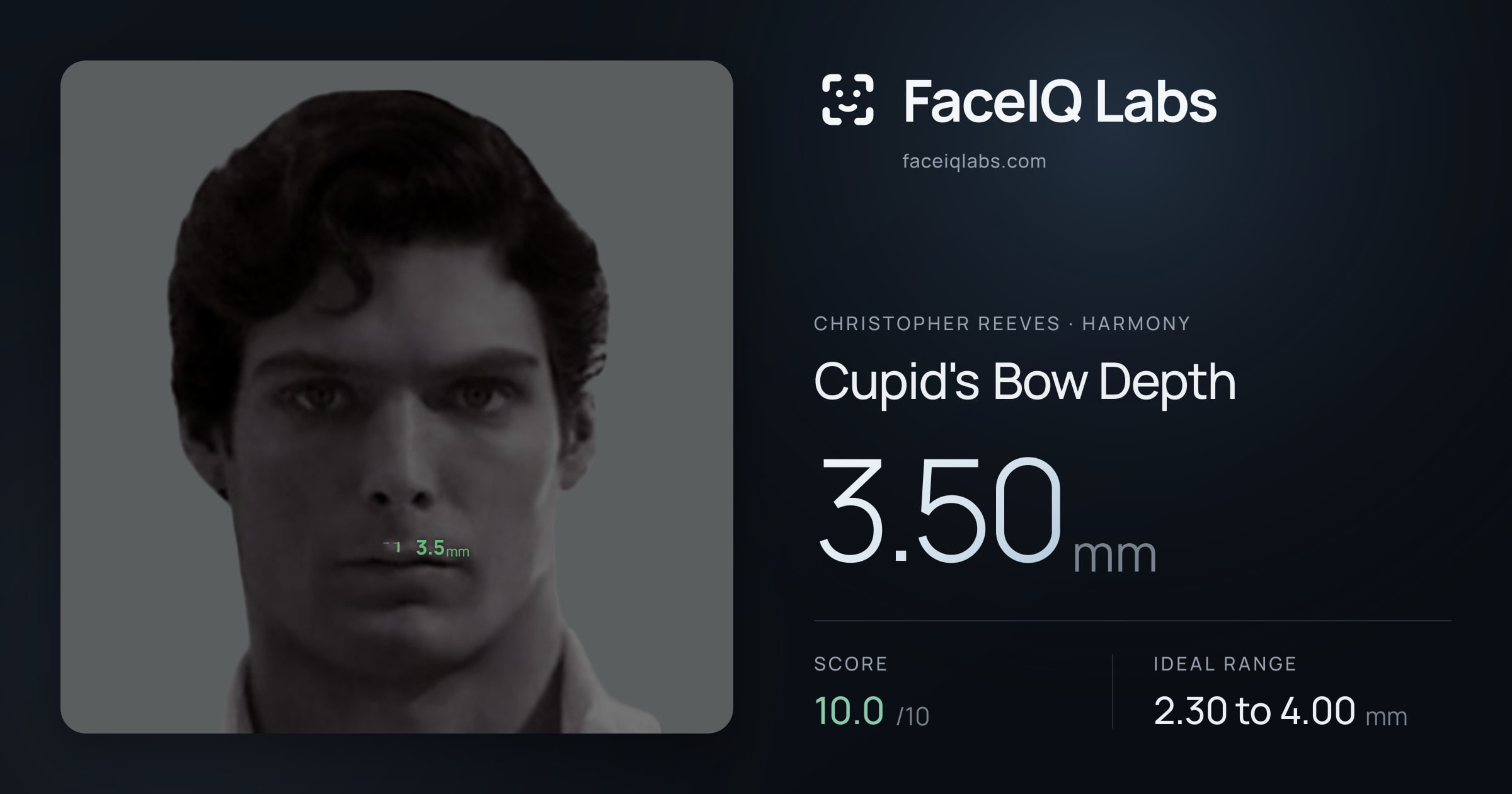 Christopher Reeves Cupid's Bow Depth: 3.50mm, drawn on the photo