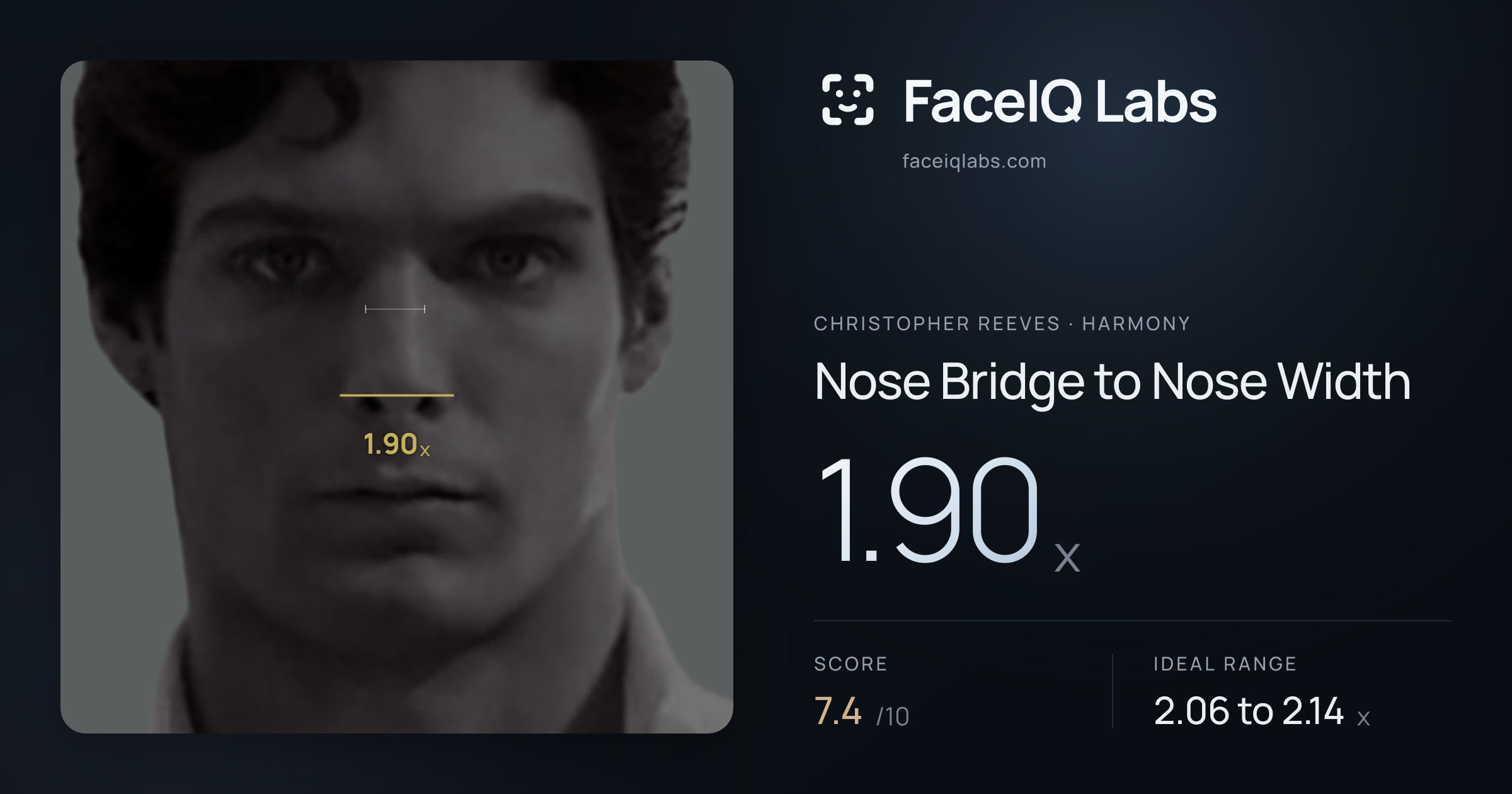 Christopher Reeves Nose Bridge to Nose Width: 1.90x, drawn on the photo