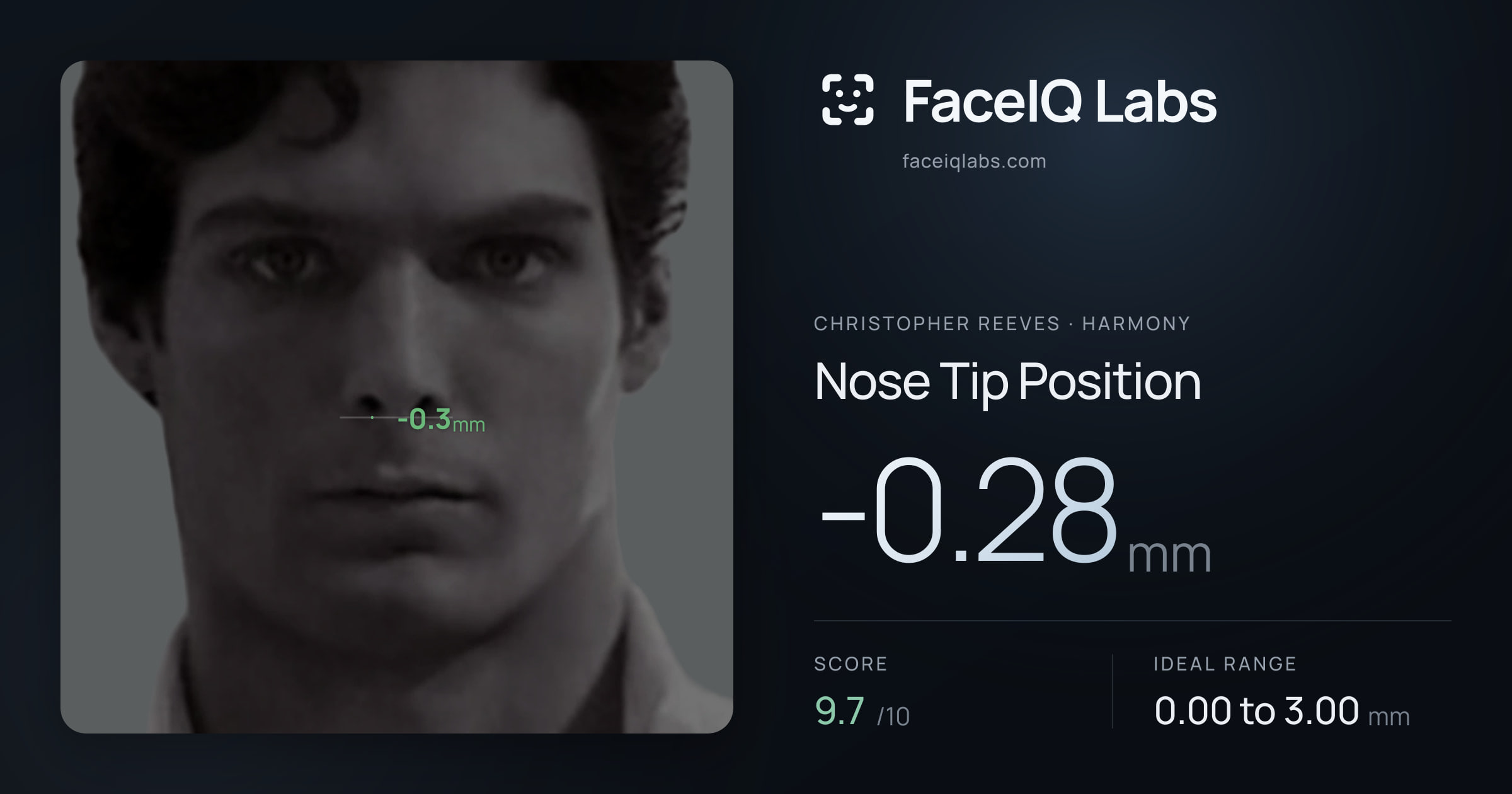Christopher Reeves Nose Tip Position: -0.28mm, drawn on the photo