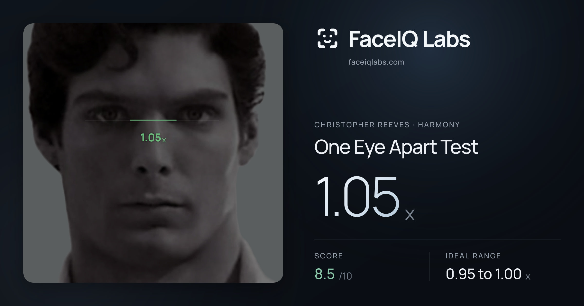 Christopher Reeves One Eye Apart Test: 1.05x, drawn on the photo