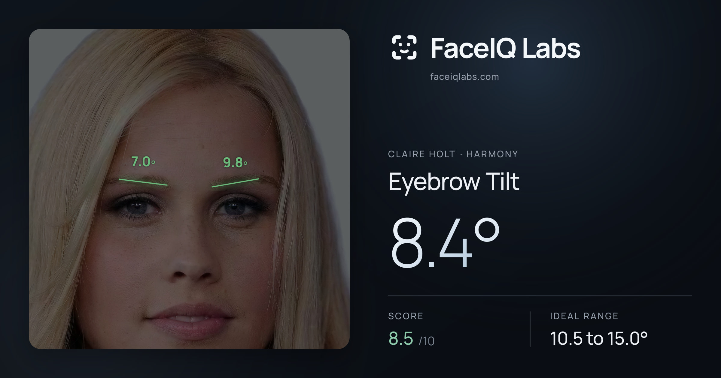 Claire Holt Eyebrow Tilt: 8.4°, drawn on the photo