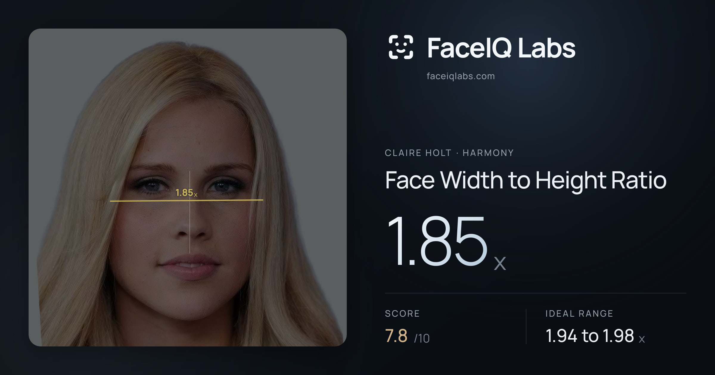 Claire Holt Face Width to Height Ratio: 1.85x, drawn on the photo