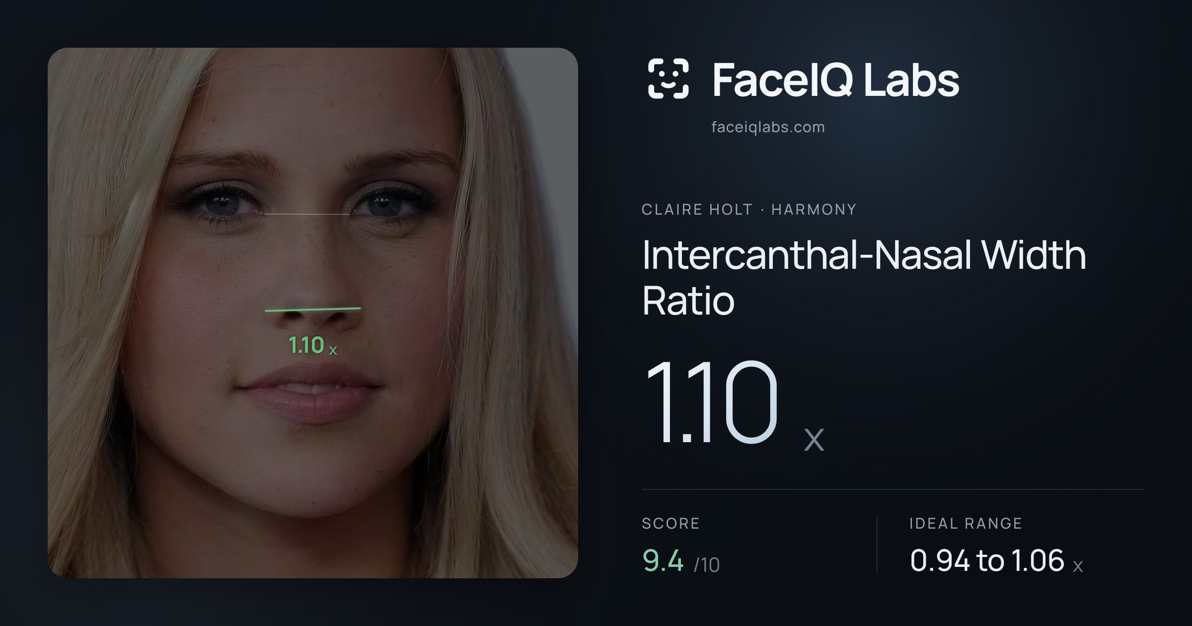 Claire Holt Intercanthal-Nasal Width Ratio: 1.10x, drawn on the photo