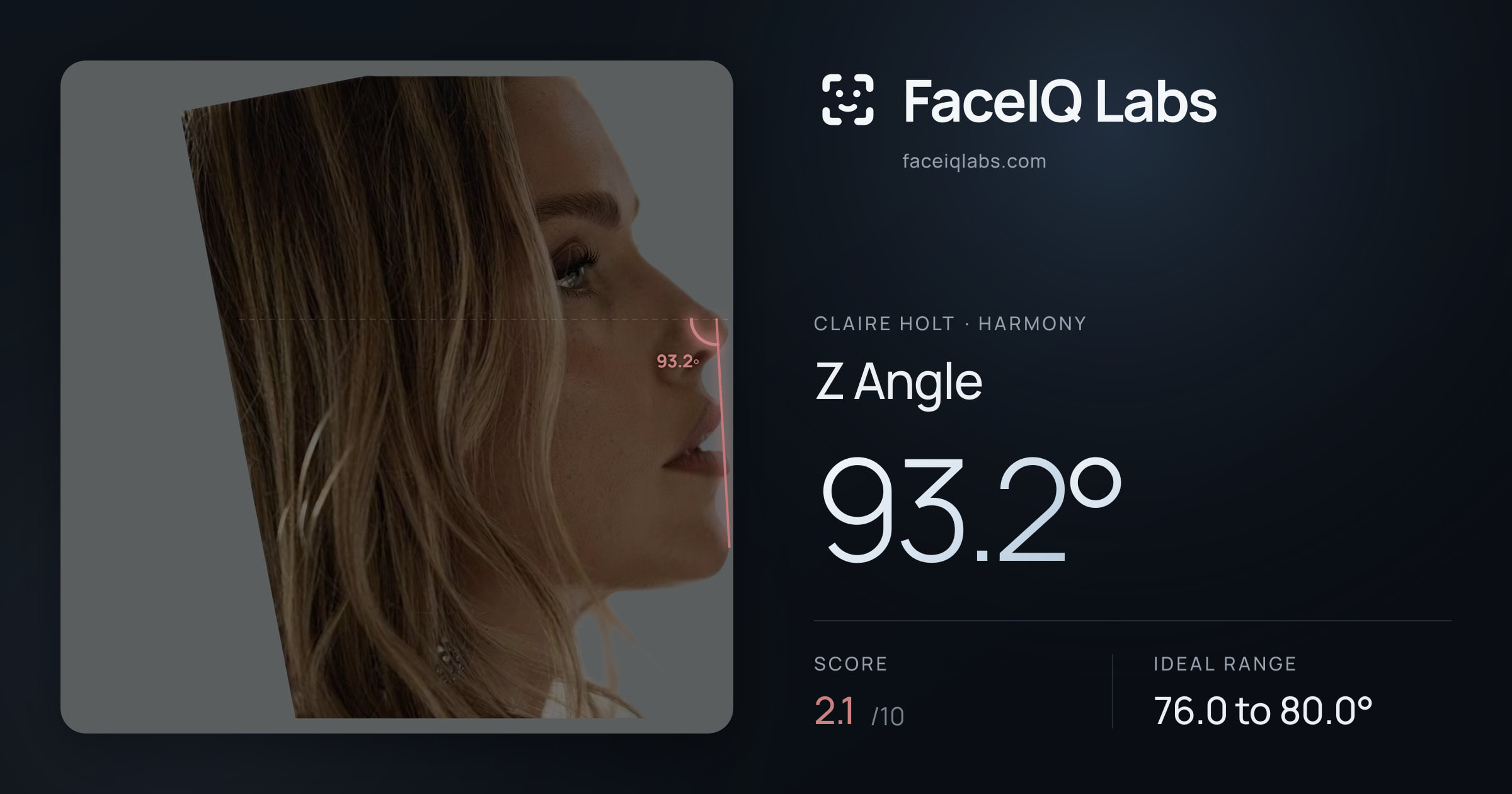 Claire Holt Z Angle: 93.2°, drawn on the photo