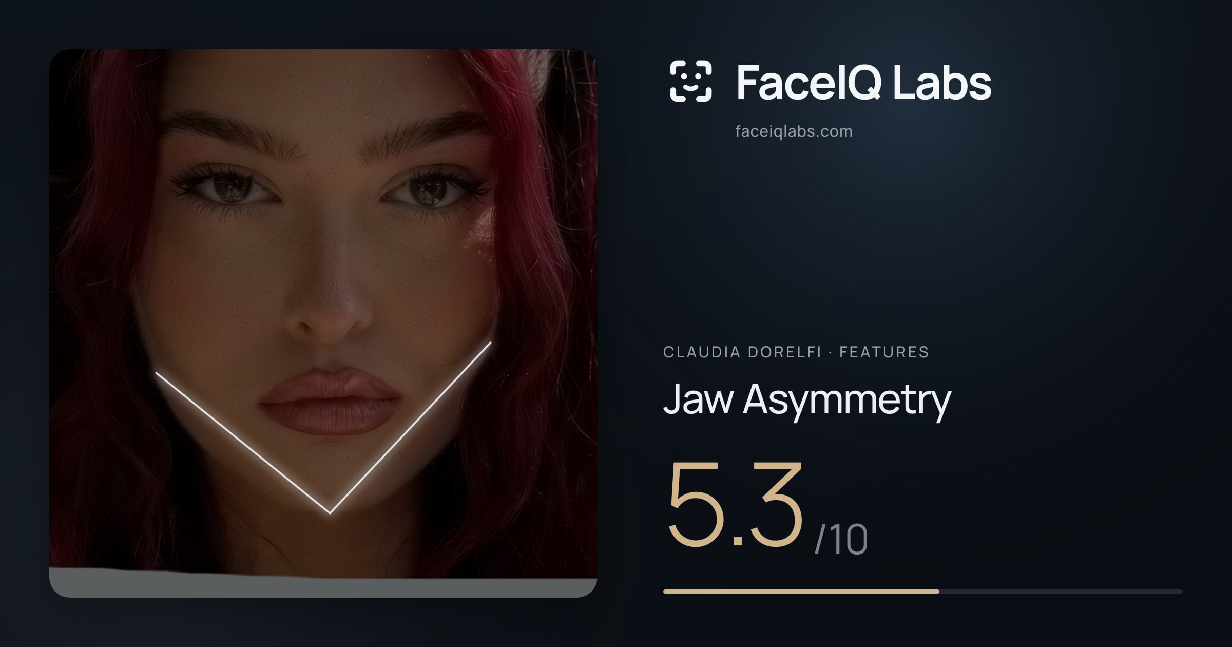 Claudia Dorelfi Jaw Asymmetry: 5.3/10, drawn on the photo