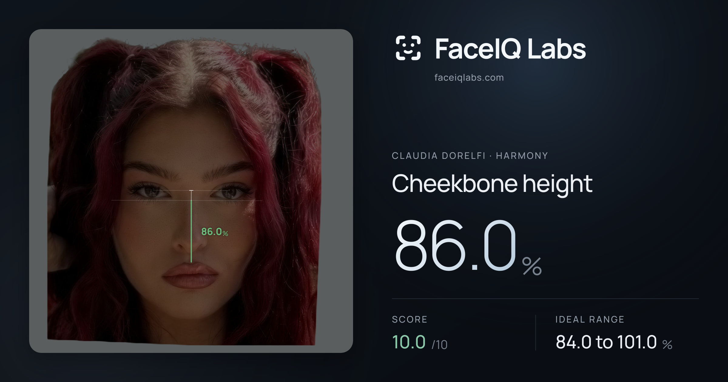 Claudia Dorelfi Cheekbone height: 86.0%, drawn on the photo