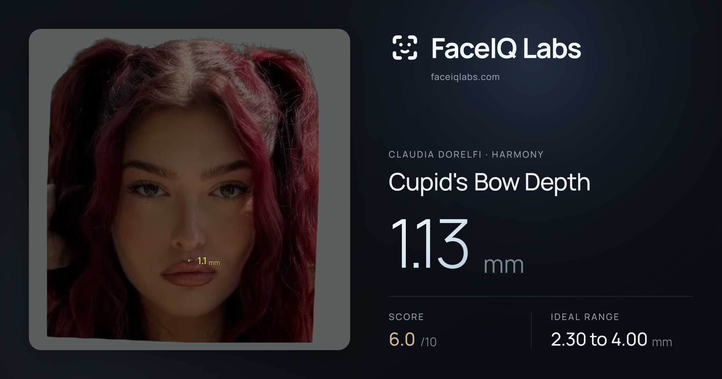 Claudia Dorelfi Cupid's Bow Depth: 1.13mm, drawn on the photo