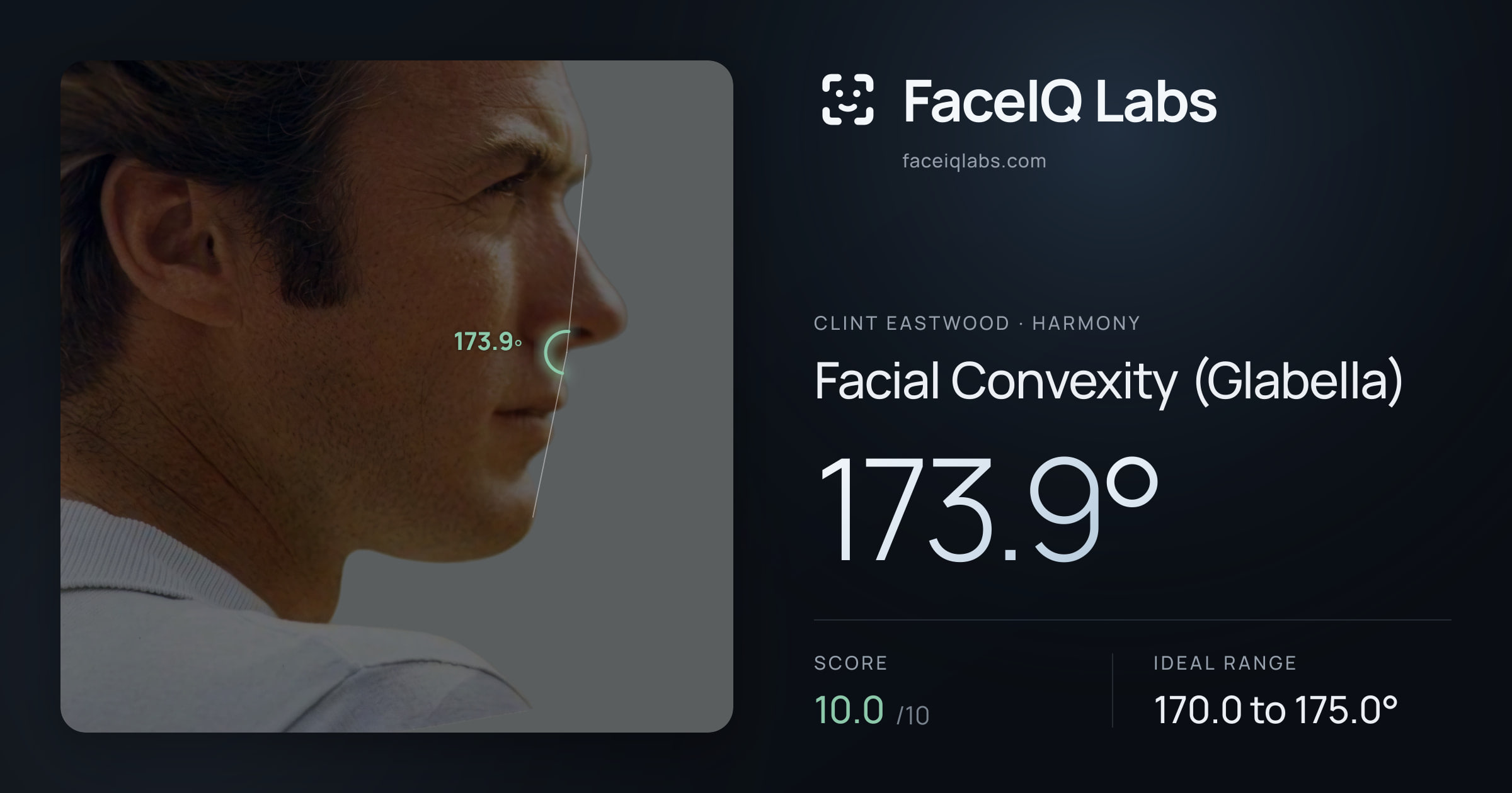 Clint Eastwood Facial Convexity (Glabella): 173.9°, drawn on the photo