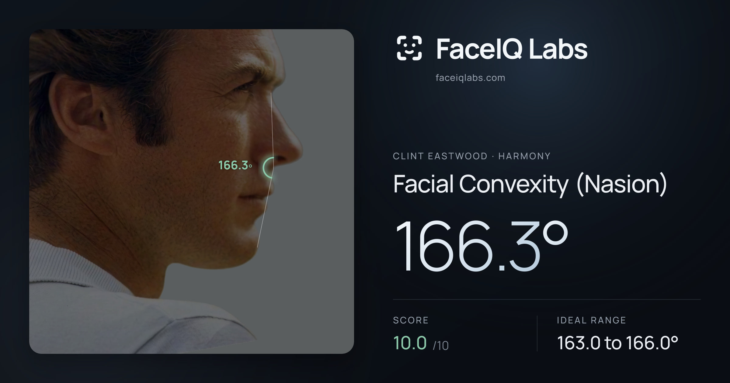 Clint Eastwood Facial Convexity (Nasion): 166.3°, drawn on the photo