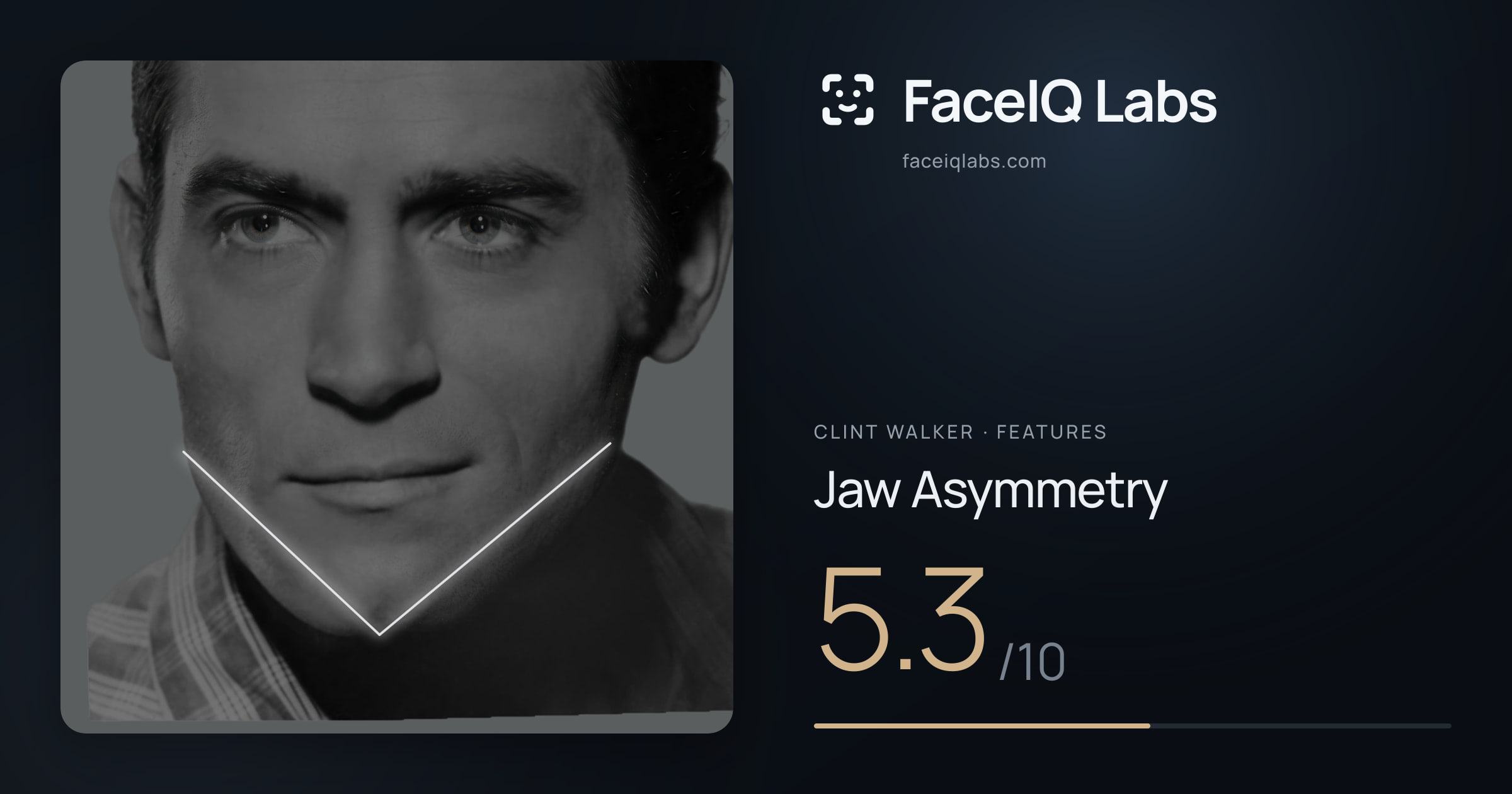 Clint Walker Jaw Asymmetry: 5.3/10, drawn on the photo