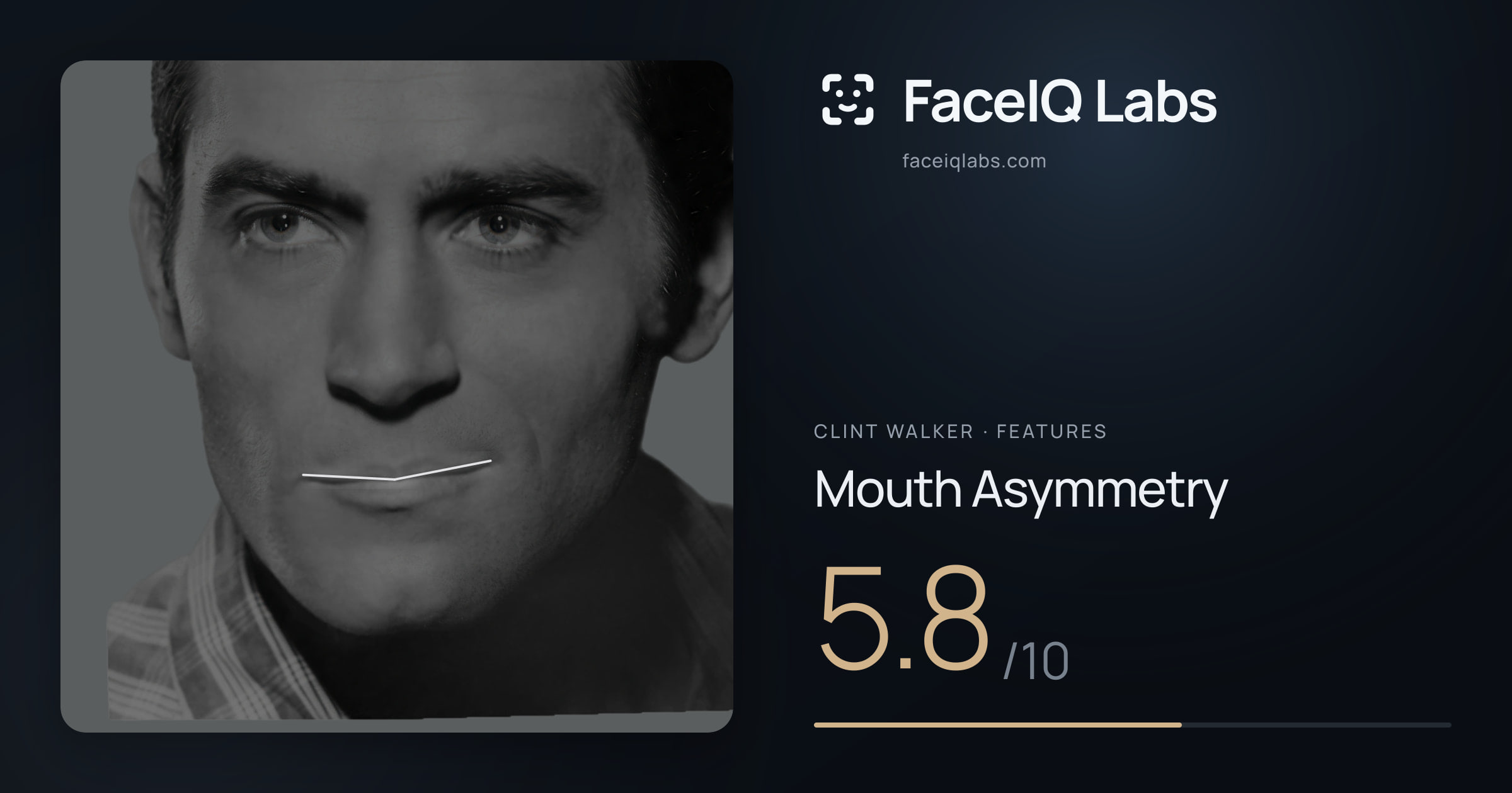 Clint Walker Mouth Asymmetry: 5.8/10, drawn on the photo