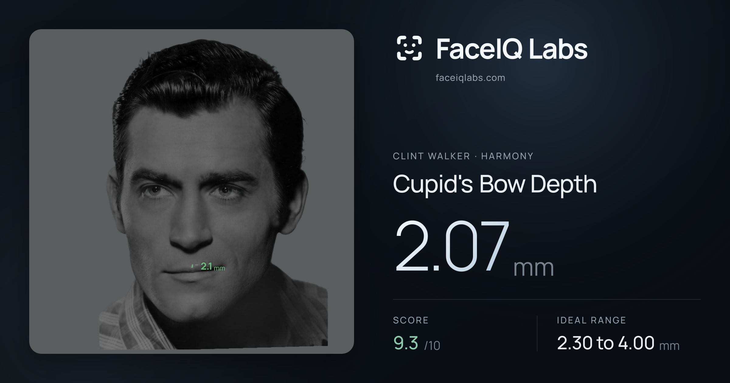 Clint Walker Cupid's Bow Depth: 2.07mm, drawn on the photo
