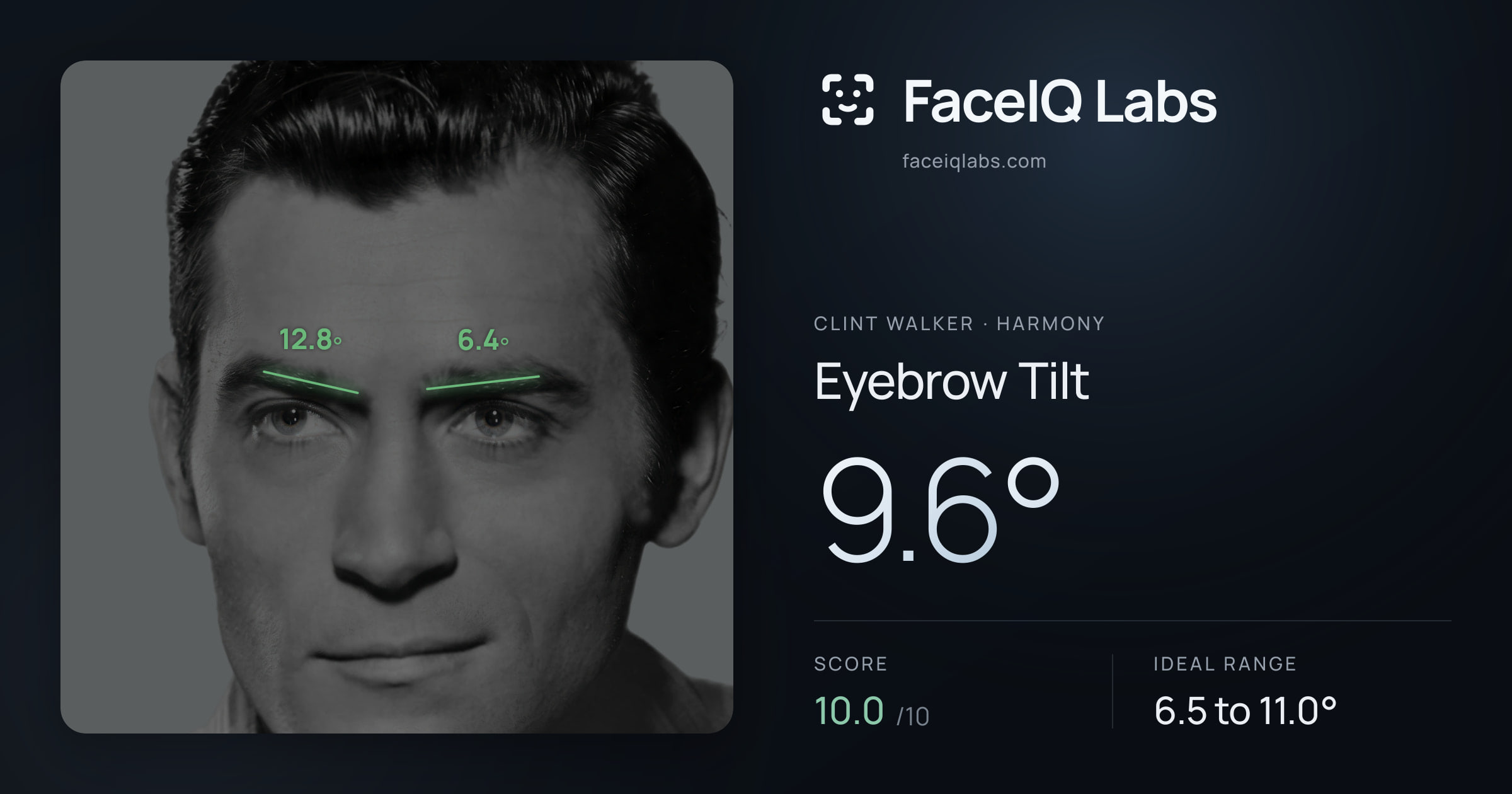 Clint Walker Eyebrow Tilt: 9.6°, drawn on the photo