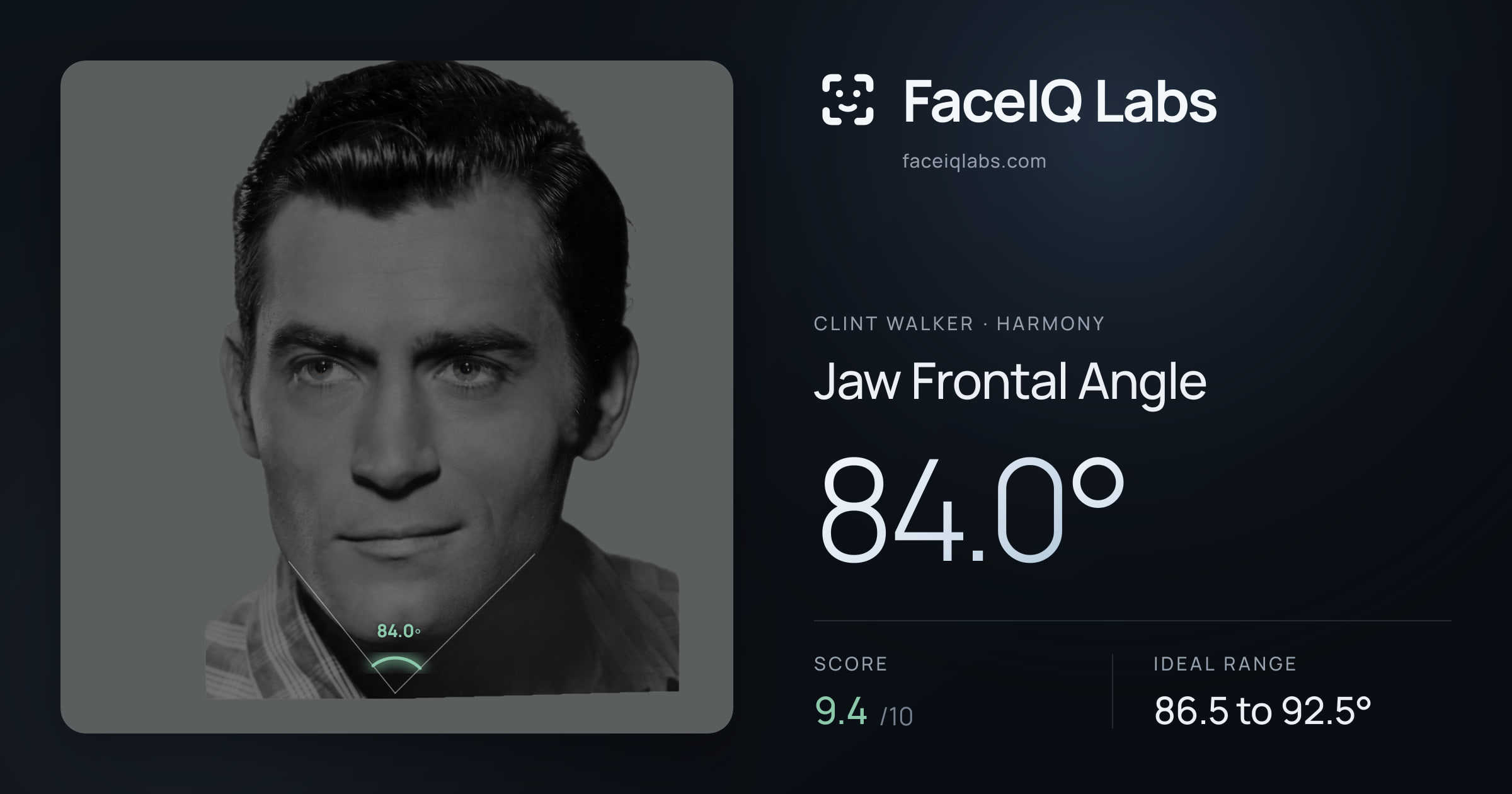 Clint Walker Jaw Frontal Angle: 84.0°, drawn on the photo