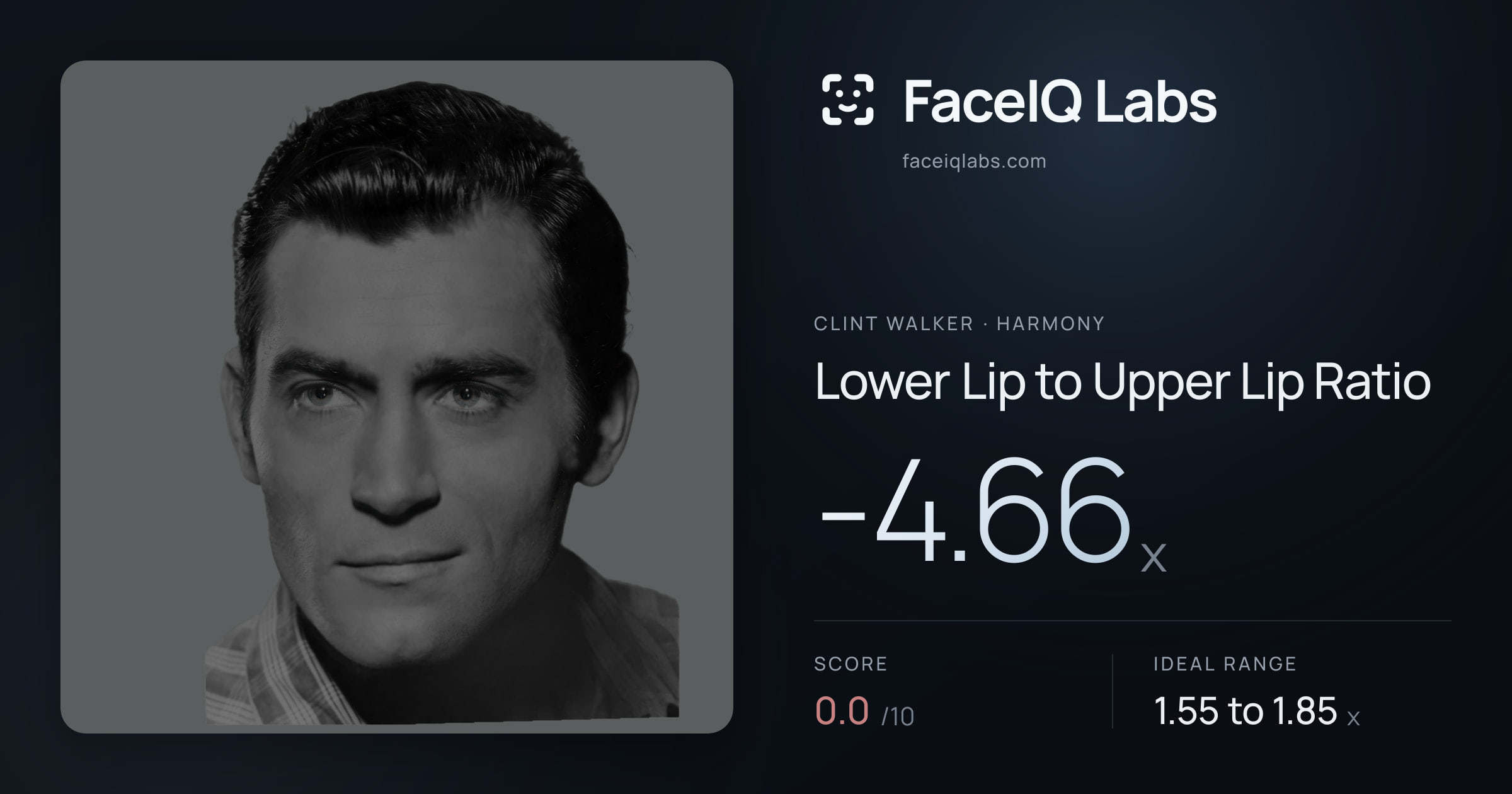 Clint Walker Lower Lip to Upper Lip Ratio: -4.66x, drawn on the photo