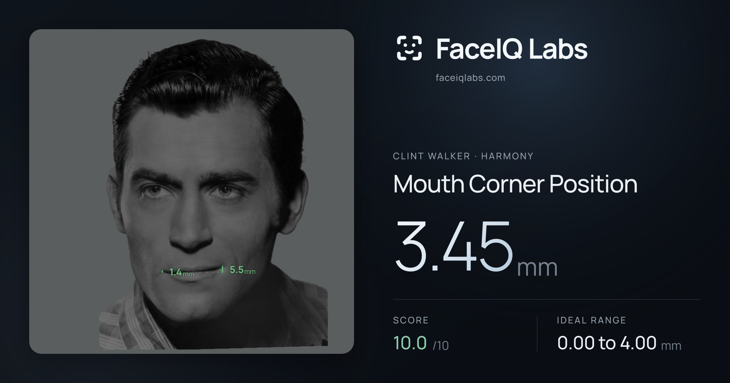 Clint Walker Mouth Corner Position: 3.45mm, drawn on the photo