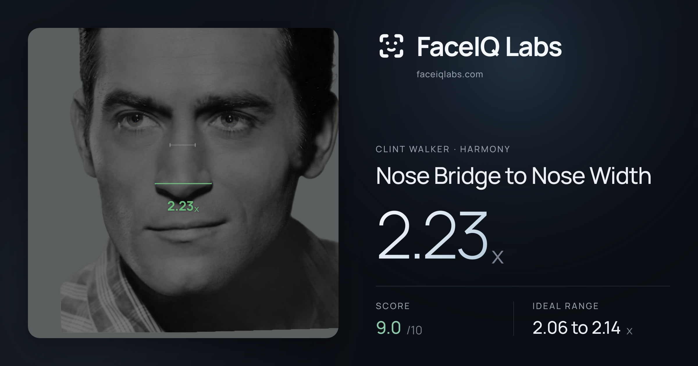 Clint Walker Nose Bridge to Nose Width: 2.23x, drawn on the photo