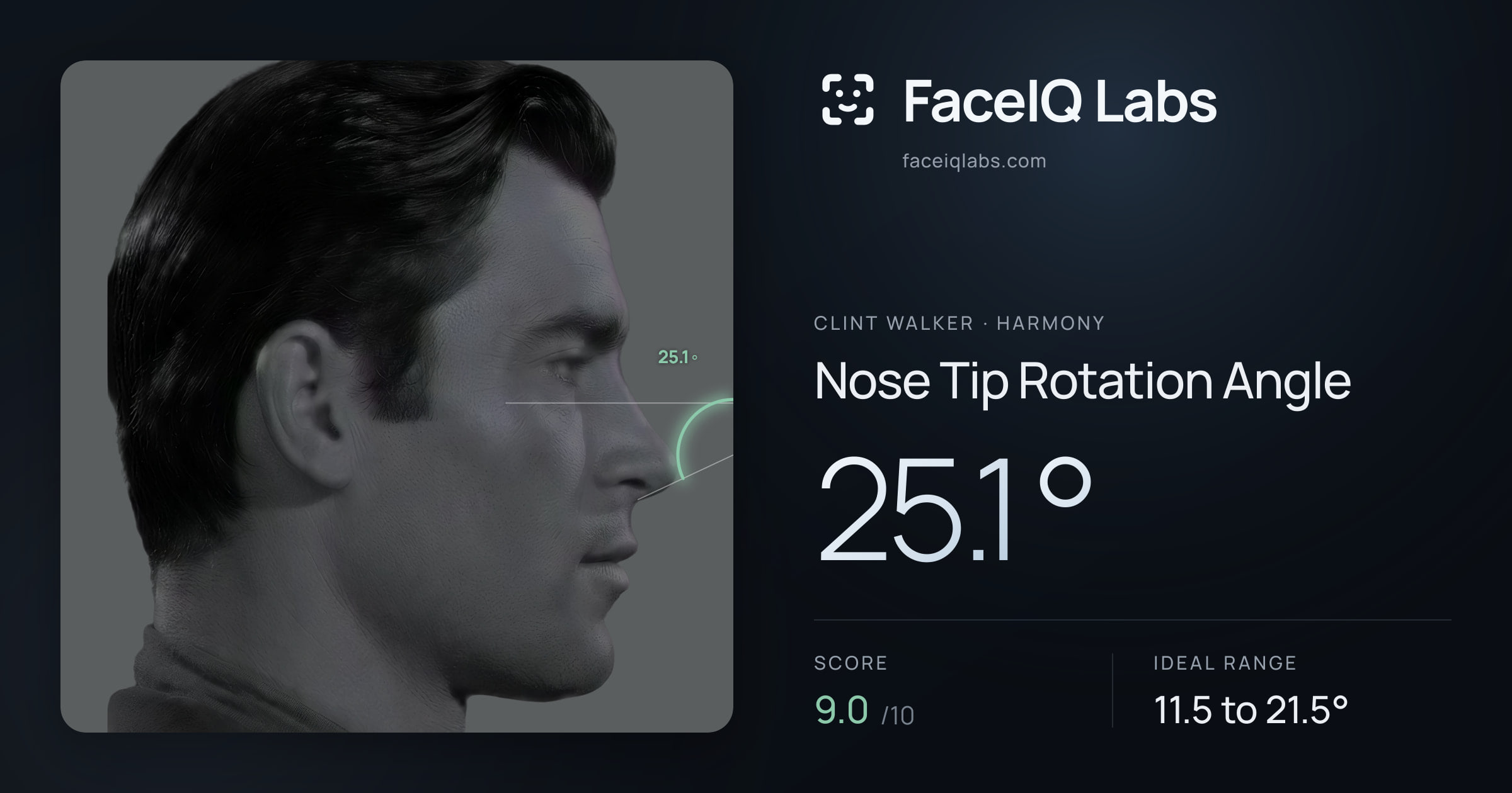 Clint Walker Nose Tip Rotation Angle: 25.1°, drawn on the photo